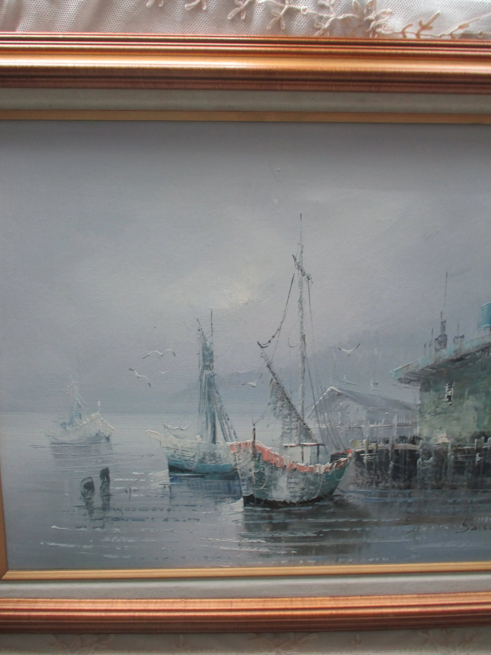 Vintage Sunset Seascape on Canvas of Fishing Village With Boats & Seagulls, Framed - 5