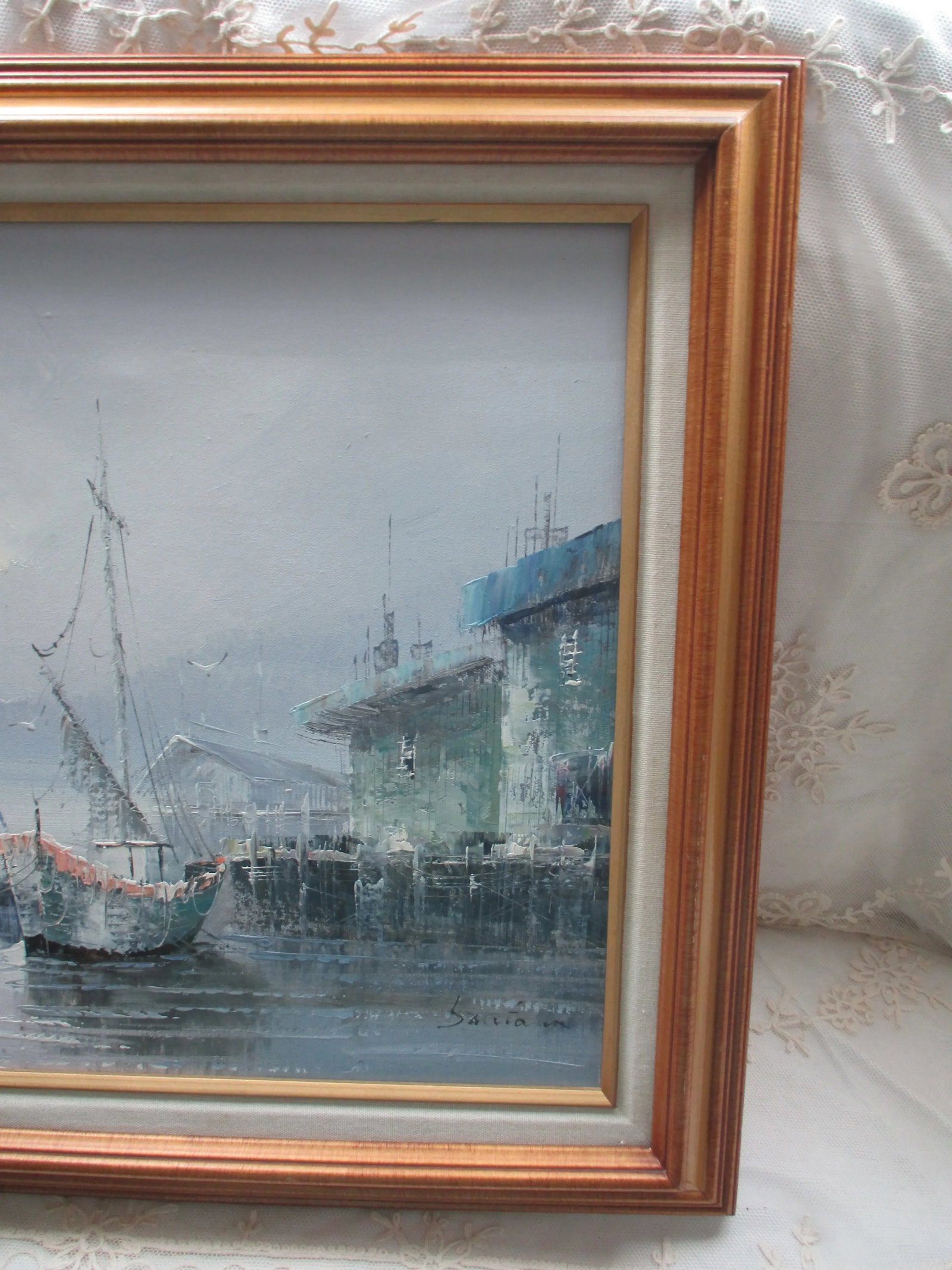 Vintage Sunset Seascape on Canvas of Fishing Village With Boats & Seagulls, Framed - 6