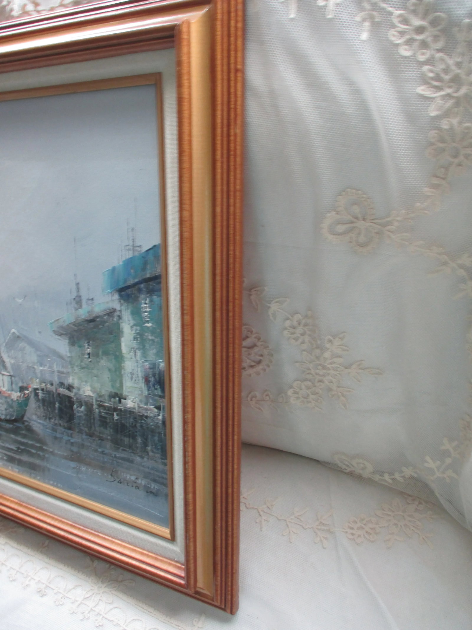 Vintage Sunset Seascape on Canvas of Fishing Village With Boats & Seagulls, Framed - 8