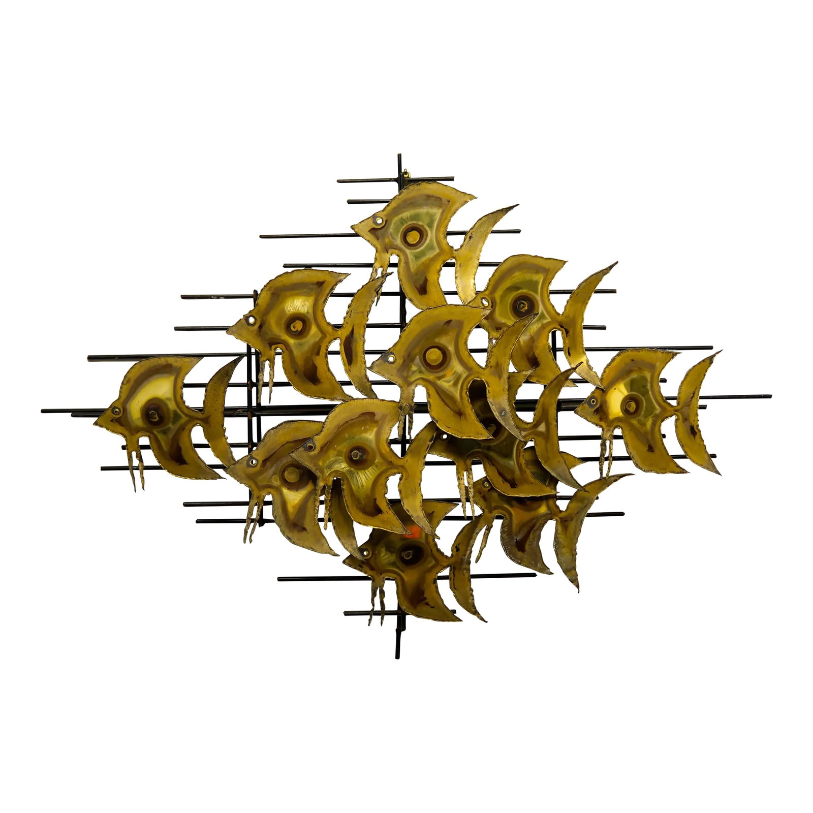 Bergasse Style Mid Century Modern School of Fish Wall Sculpture: A Mid 20th century metal school of fish three-dimensional wall hanging sculpture in the style of artist John Bergasse. Unsigned. Condition: Alterations: Original Condition Unaltered Imperfections: Som