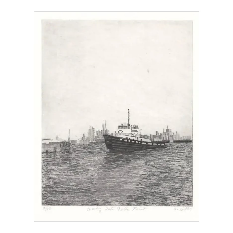 1993 Shirley Tabler Fells Point Baltimore Etching: "Coming into Fells Point" etching with aquatint on paper by Shirley Tabler. (1936-2020). Pencil signed, titled and numbered 10 of 50. Image: 9.75 x 8 inches, sheet 14 x 11 From the 1993 Maryland Print
