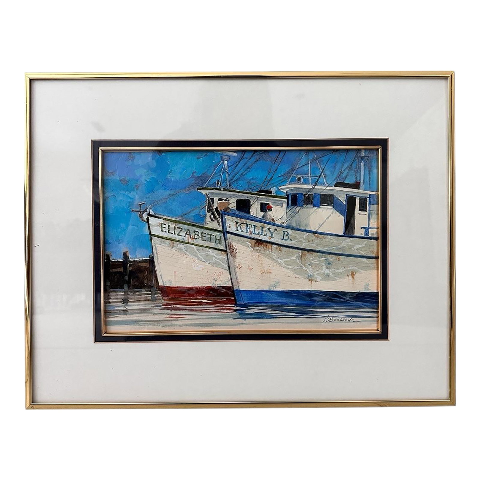 Roger Bansemer American Original Painting 'Shrimp Boats' - Framed 18*14, Nautical Scene: Title: Shrimp Boats - Roger Bansemer (American, b.1948) - Original Nautical Painting Description: *Original painting by Roger Bansemer titled Shrimp Boats, a fine example of his maritime/nautical work