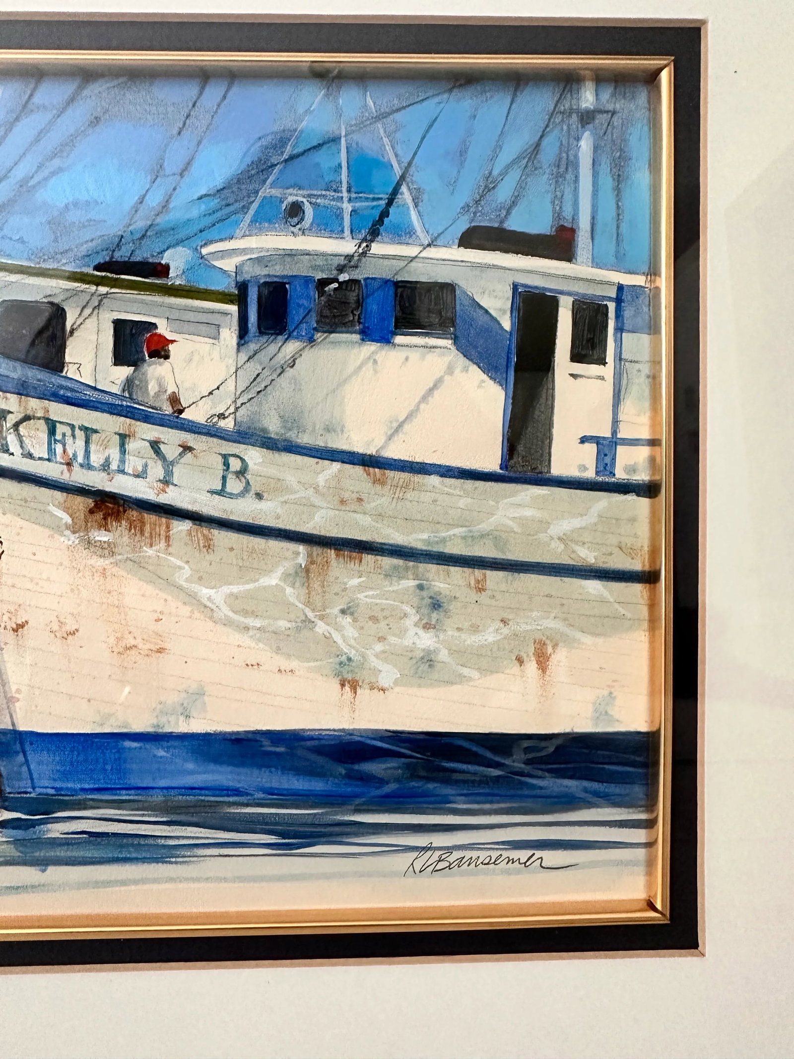 Roger Bansemer American Original Painting 'Shrimp Boats' - Framed 18*14, Nautical Scene - 2