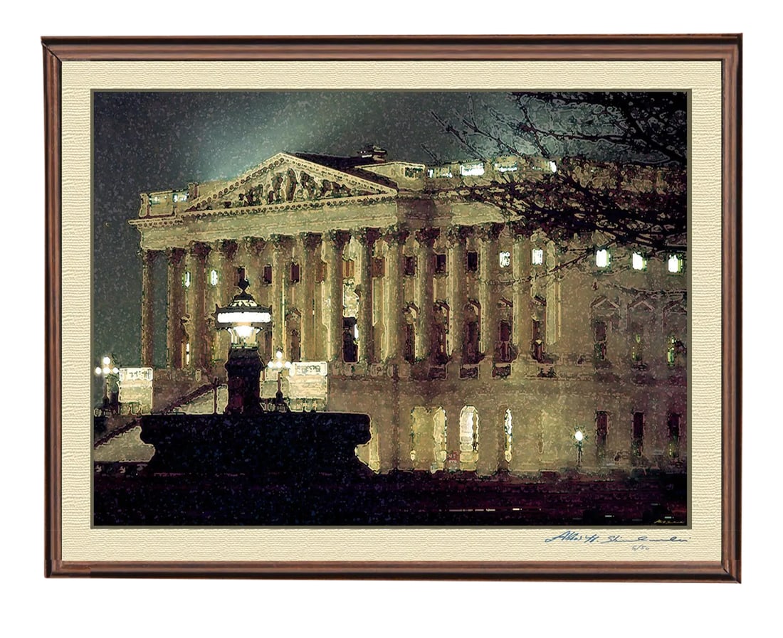 The House of the Representatives u.s. Capital: Dramatic Photo Of The House Of The Representatives U.S. Capital at night with water Color Effect Offer In Walnut and Black Frame Limited Edition & Signed By Artist Abbas Shirmohammadi Available in