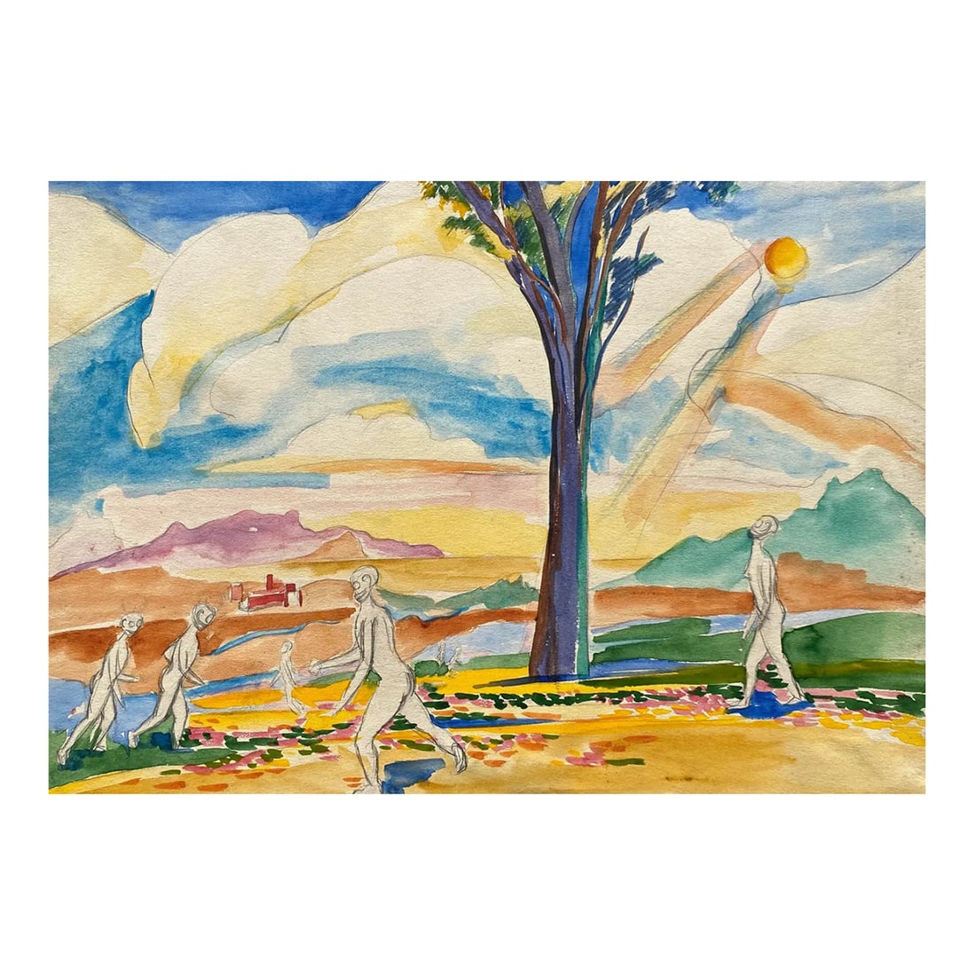 1950s Frank Wallace Looking for the Sun Watercolor: Modern landscape watercolor on paper by Vermont artist Frank Wallace (1915/18-2003). Wallace was born in Toledo, Ohio and grew ip in Massachusetts attending Phillips Academy and Amherst College. He