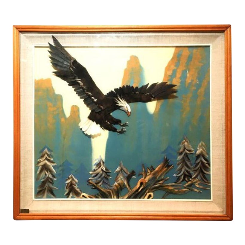 Multi Media 3d Bald Eagle in Flight Shadow Box Framed 37" X 33": Vintage AMAZING 3D Multi-Media Bald Eagle in flight. Framed size 37" x 33" This picture is so stunning in person. The feathers of the eagle and texture of the mountains and trees bring it to life