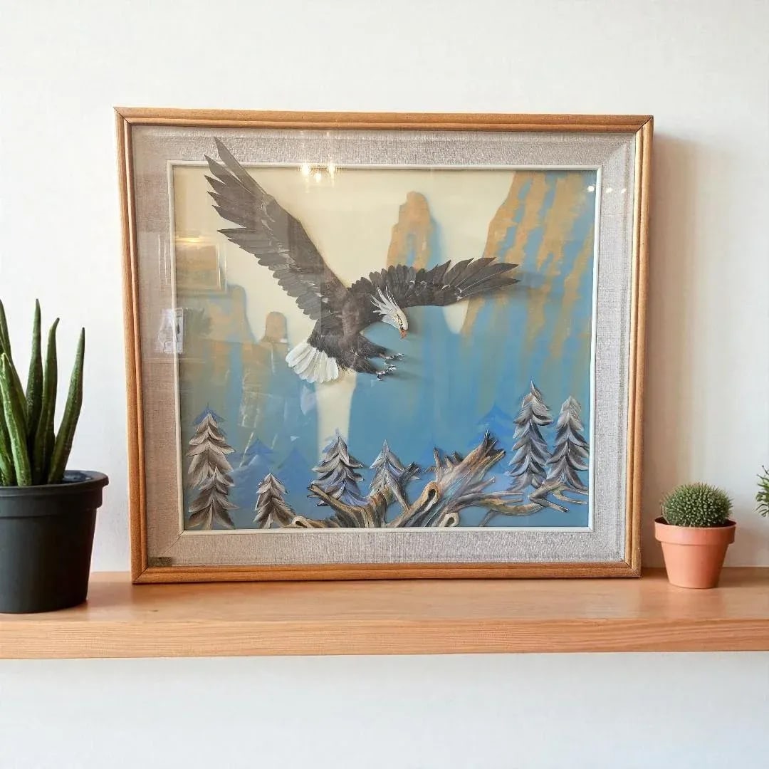 Multi Media 3d Bald Eagle in Flight Shadow Box Framed 37" X 33" - 2