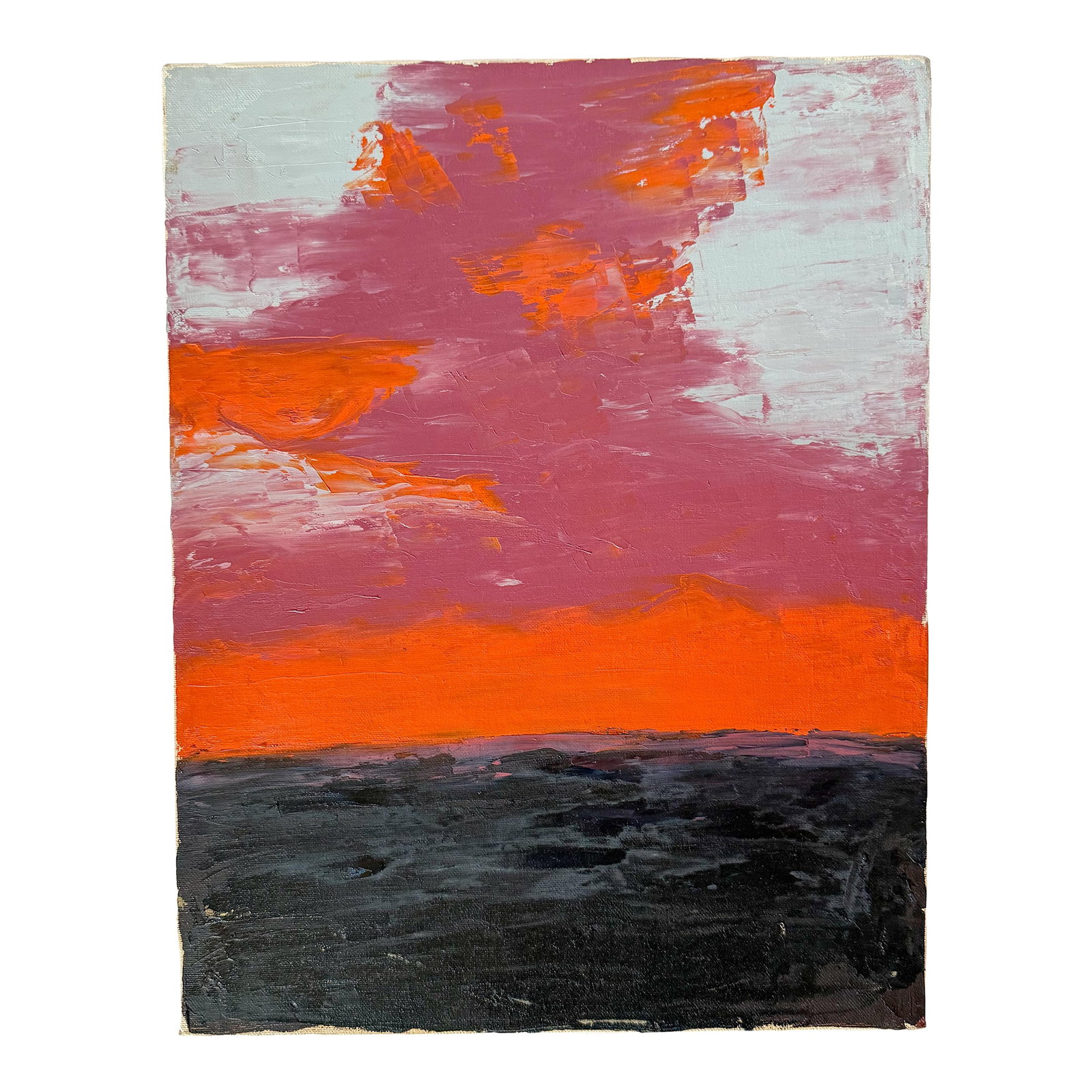 Sunset Landscape Acrylic Painting on Canvas, 14x18: Striking and radiant sunset clouds and colors over a dim dusky landscape. The simplicity of this piece with the texture of the paint application is really nice. Paint seems to have been applied with