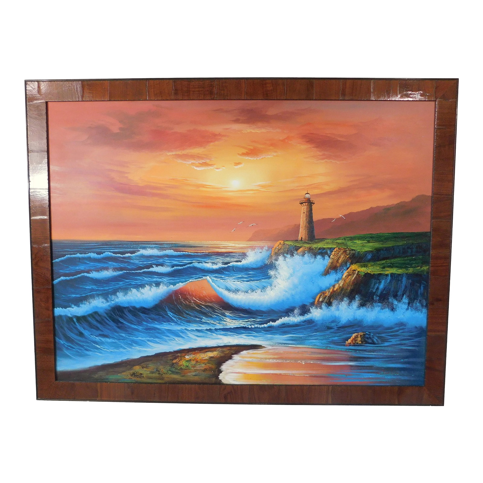 Large Vintage Signed Oil on Canvas Lighthouse Seascape Framed Painting: Wonderful large vintage signed oil on canvas seascape lighthouse painting. Framed in wood as shown. Circa 1980s. Signed by artist. Made in the USA. Wonderful Condition - no damage. Measurements - 53"
