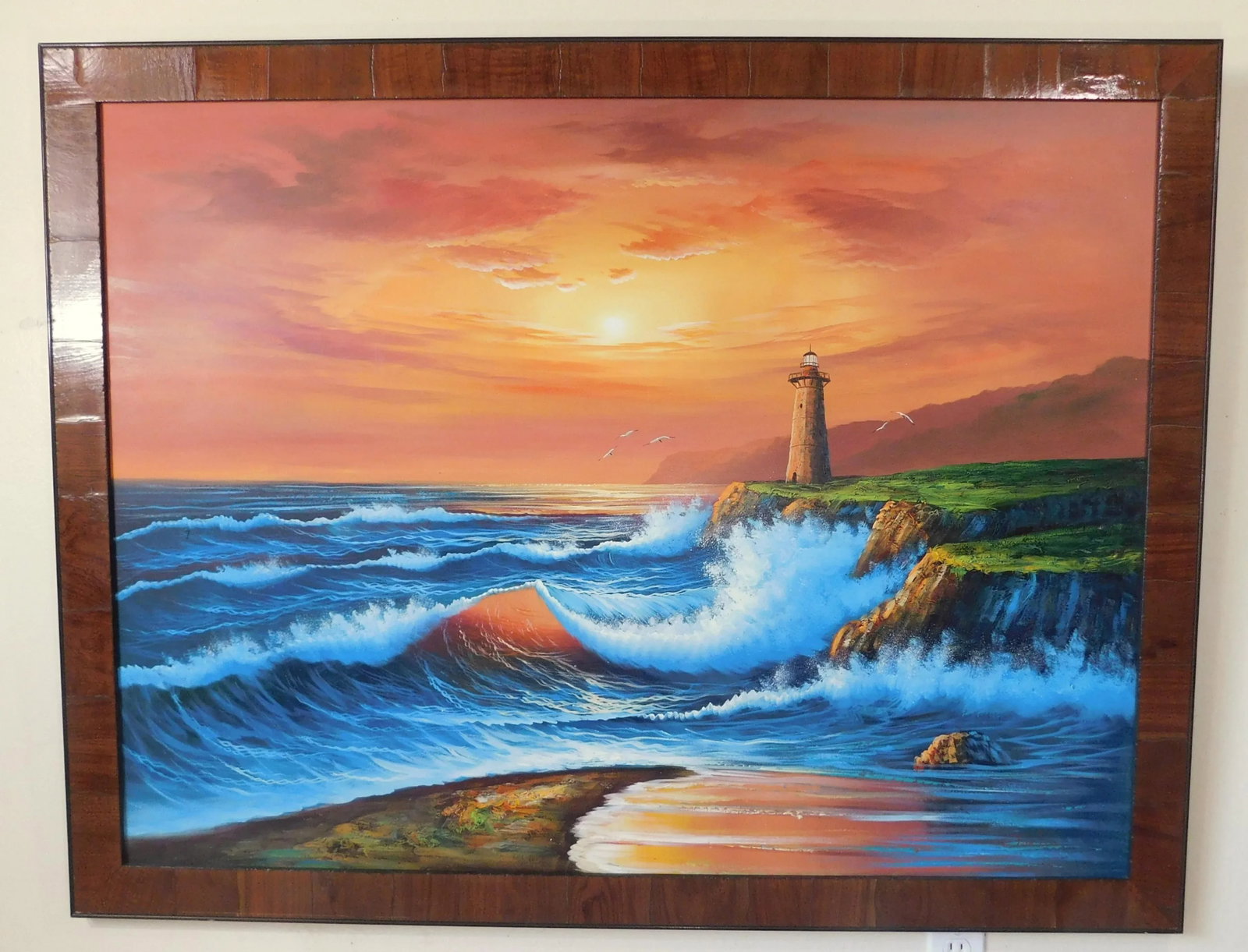 Large Vintage Signed Oil on Canvas Lighthouse Seascape Framed Painting - 2