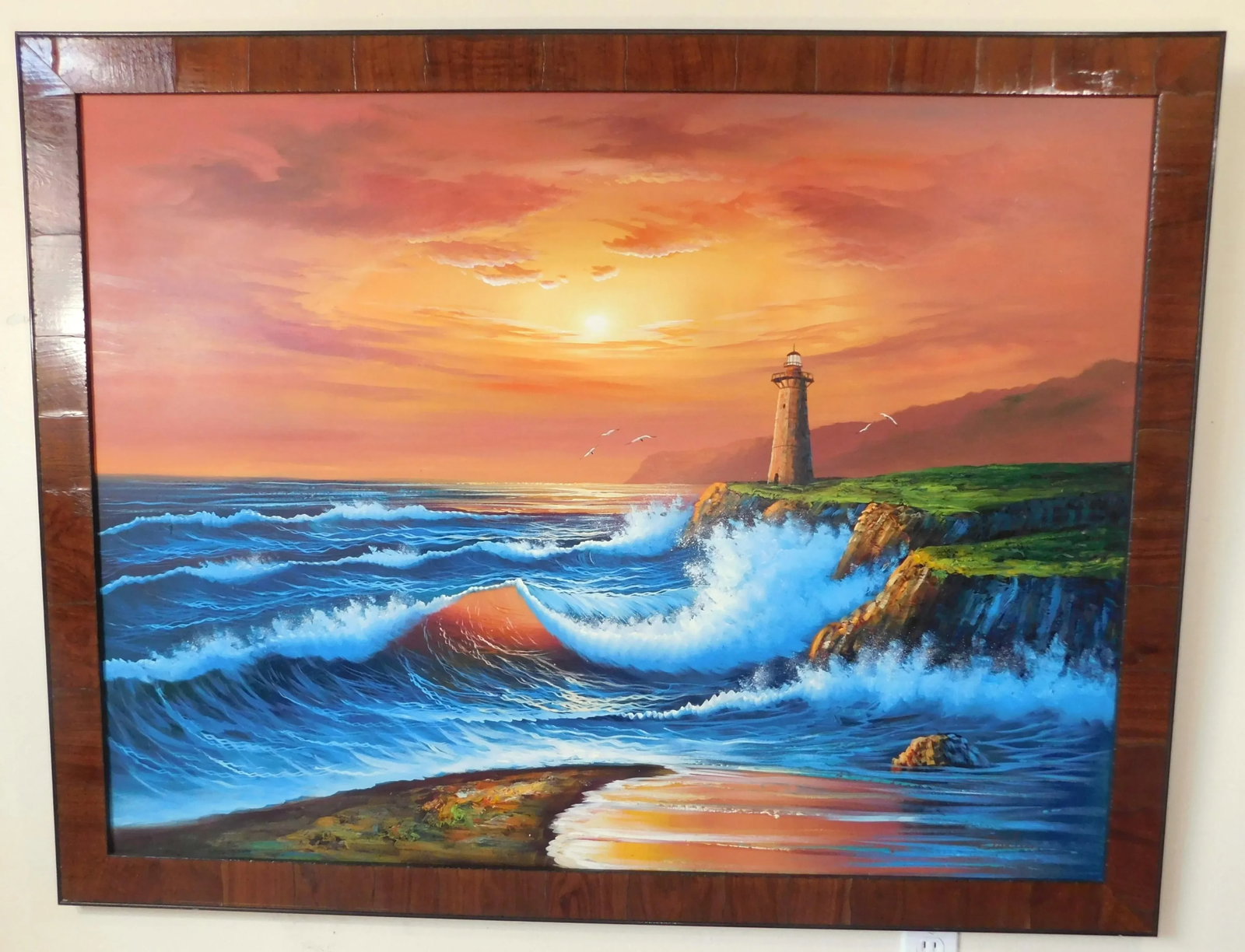 Large Vintage Signed Oil on Canvas Lighthouse Seascape Framed Painting - 3