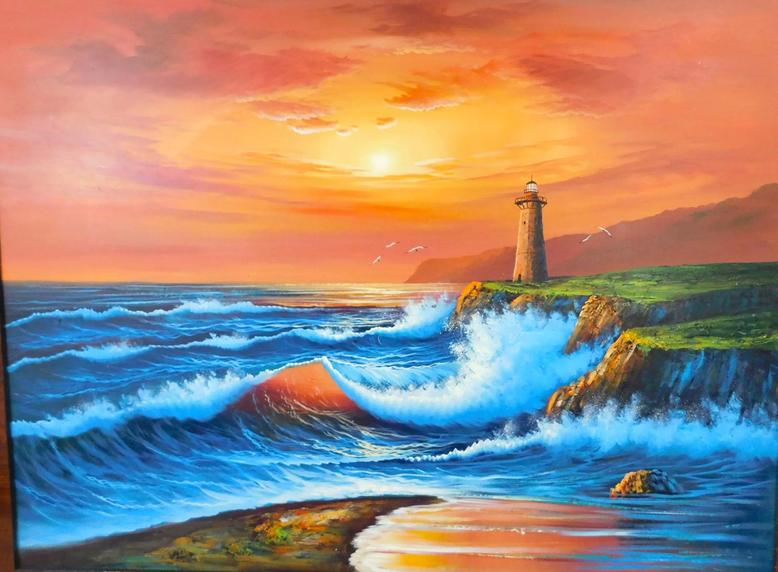 Large Vintage Signed Oil on Canvas Lighthouse Seascape Framed Painting - 4