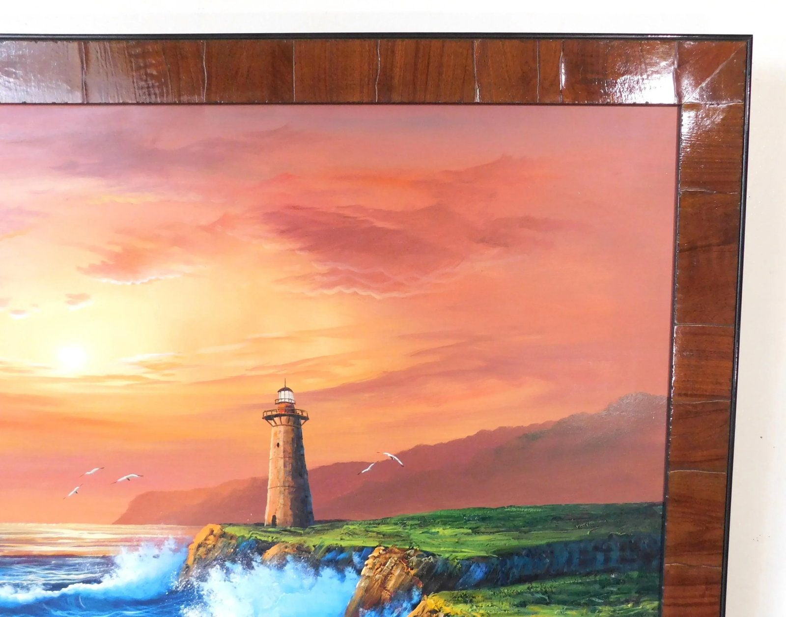 Large Vintage Signed Oil on Canvas Lighthouse Seascape Framed Painting - 5