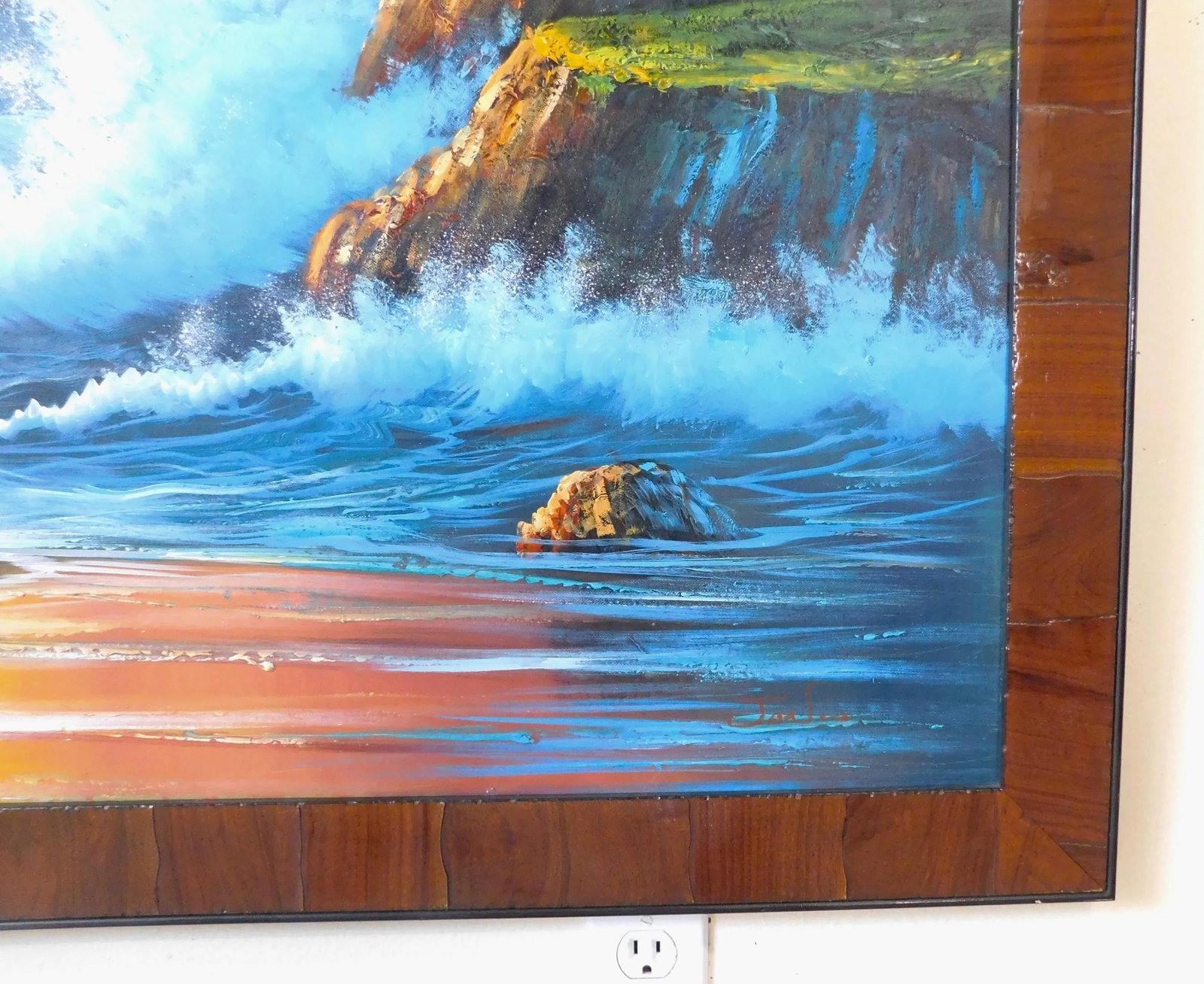 Large Vintage Signed Oil on Canvas Lighthouse Seascape Framed Painting - 7