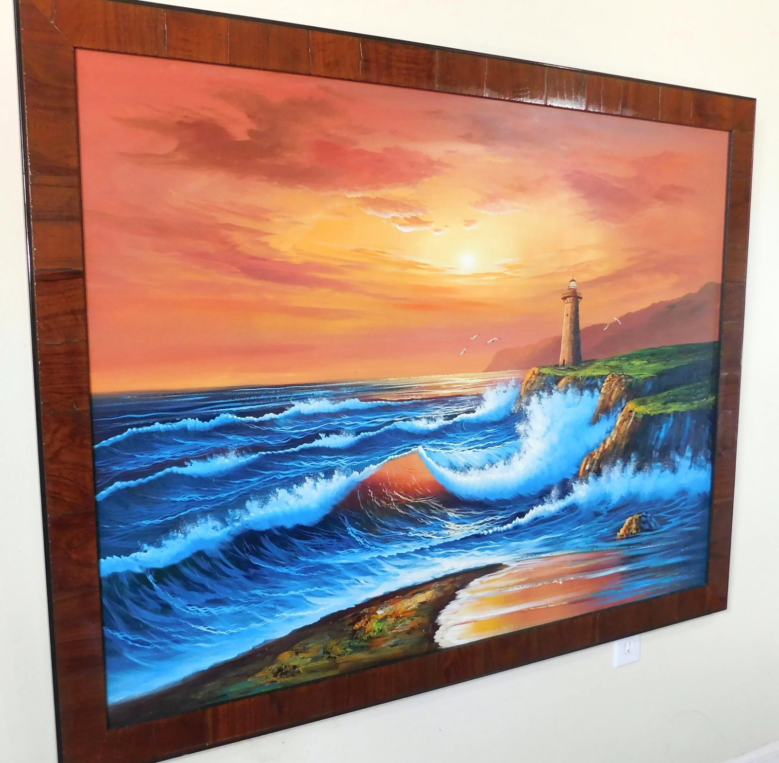 Large Vintage Signed Oil on Canvas Lighthouse Seascape Framed Painting - 8