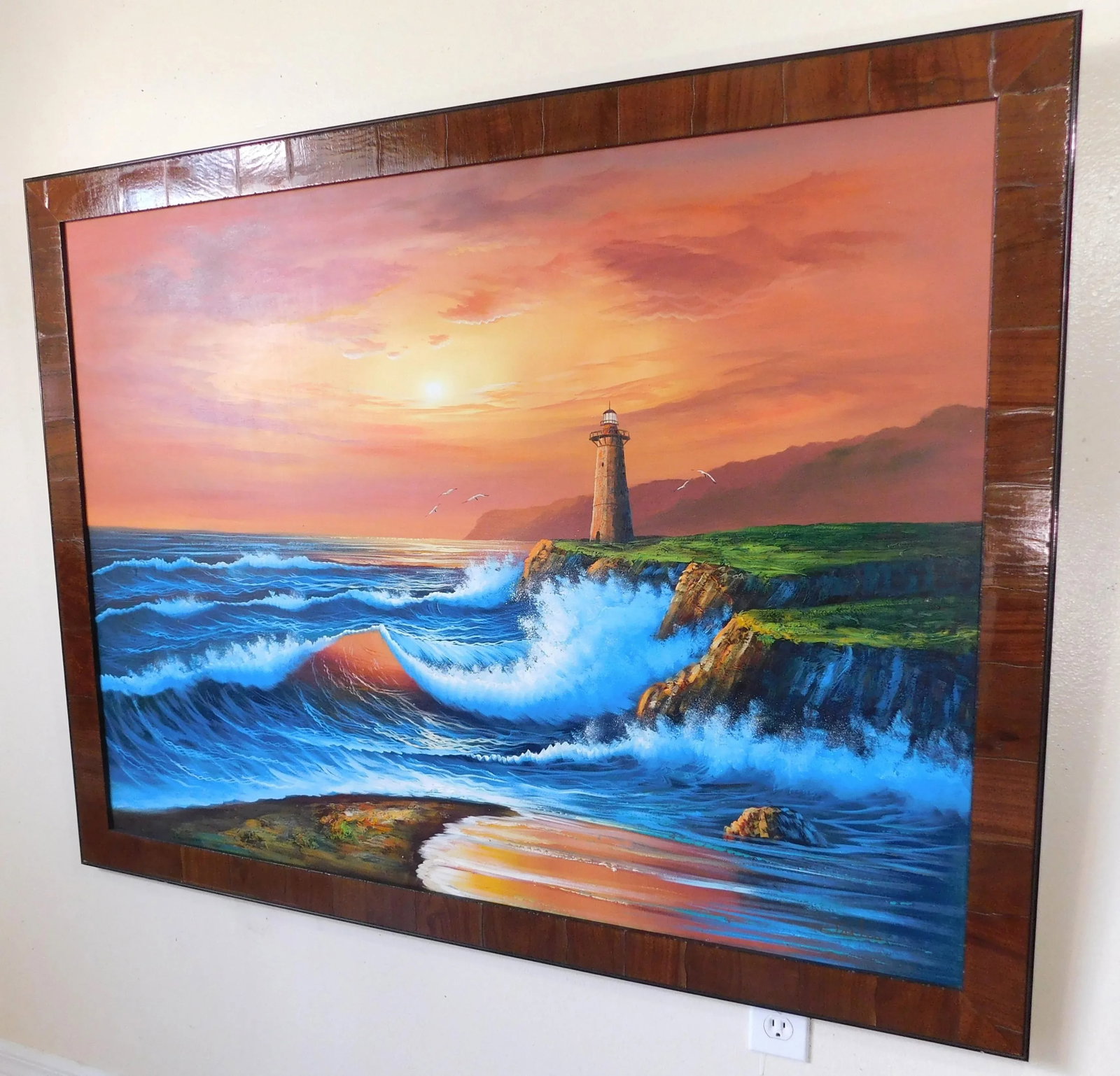 Large Vintage Signed Oil on Canvas Lighthouse Seascape Framed Painting - 9