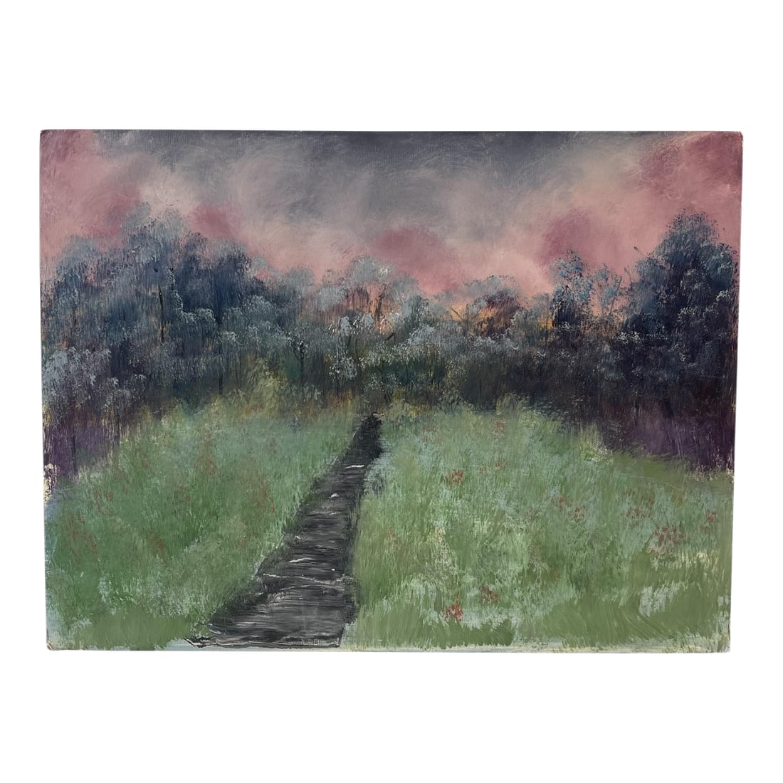 Original Landscape Painting on SoHo Artist Board - Pathway Through Meadow at Sunset,12" X 16": Original landscape painting on a 12" x 16" SoHo Urban Artist painting board. The work depicts a winding pathway cutting through a grassy meadow, leading toward a dense tree line under a dramatic sky.