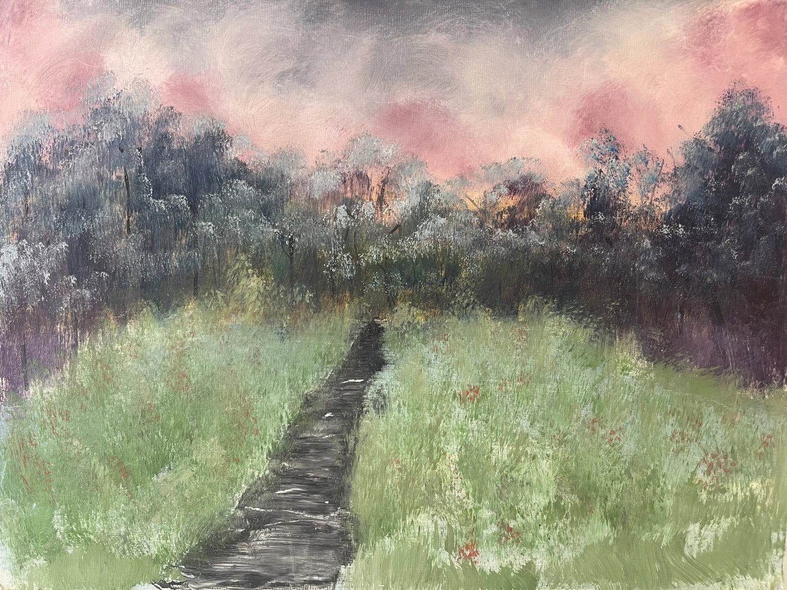 Original Landscape Painting on SoHo Artist Board - Pathway Through Meadow at Sunset,12" X 16" - 9