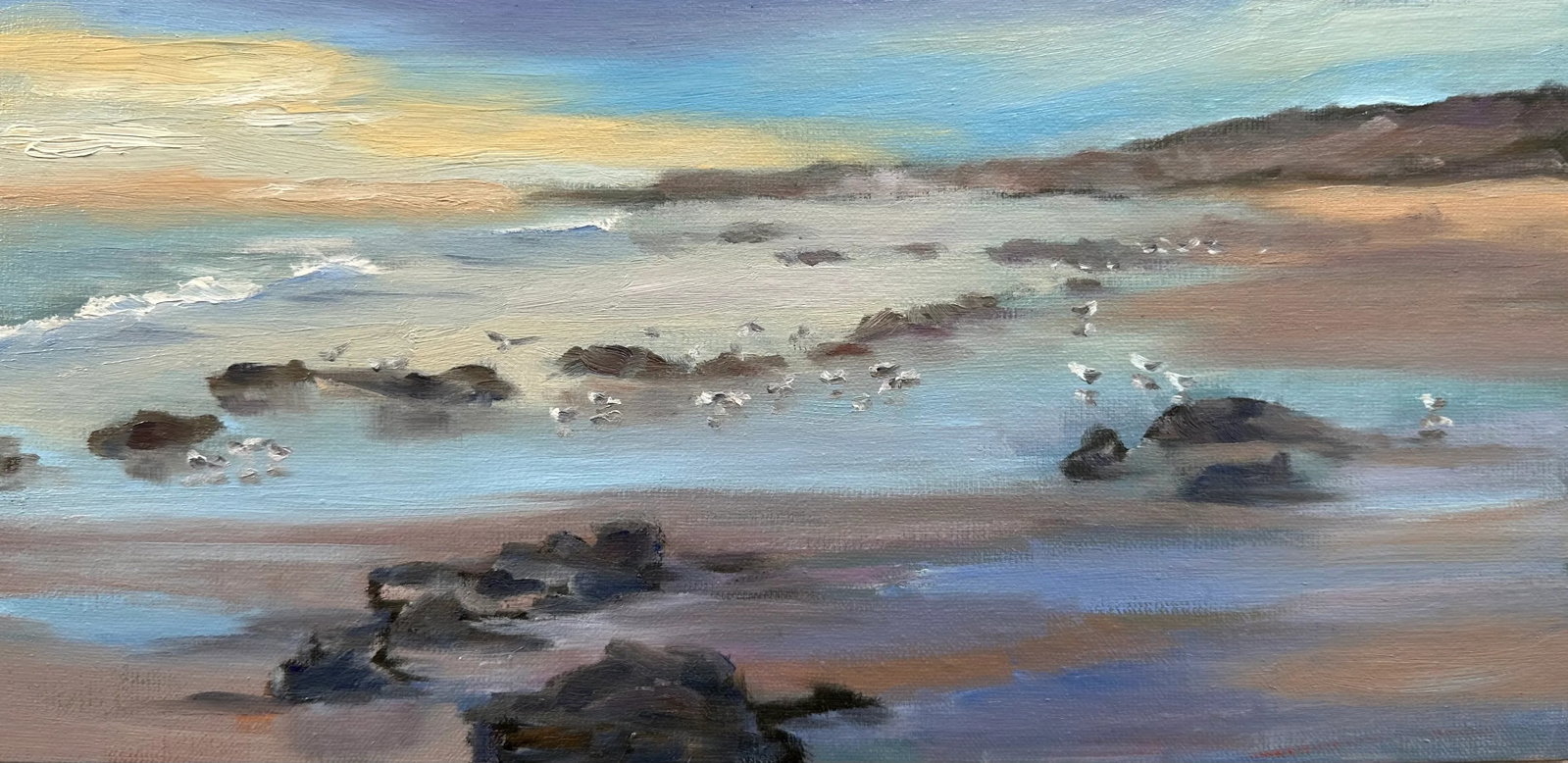 Original Fine Art Oil Paintings - Grace Diehl: I set out to show the sweeping view of the shoreline in Crystal Cove. Condition: Imperfections: No Imperfections Origin: United States Materials & Techniques: Canvas, Linen, Oil Paint Details:
