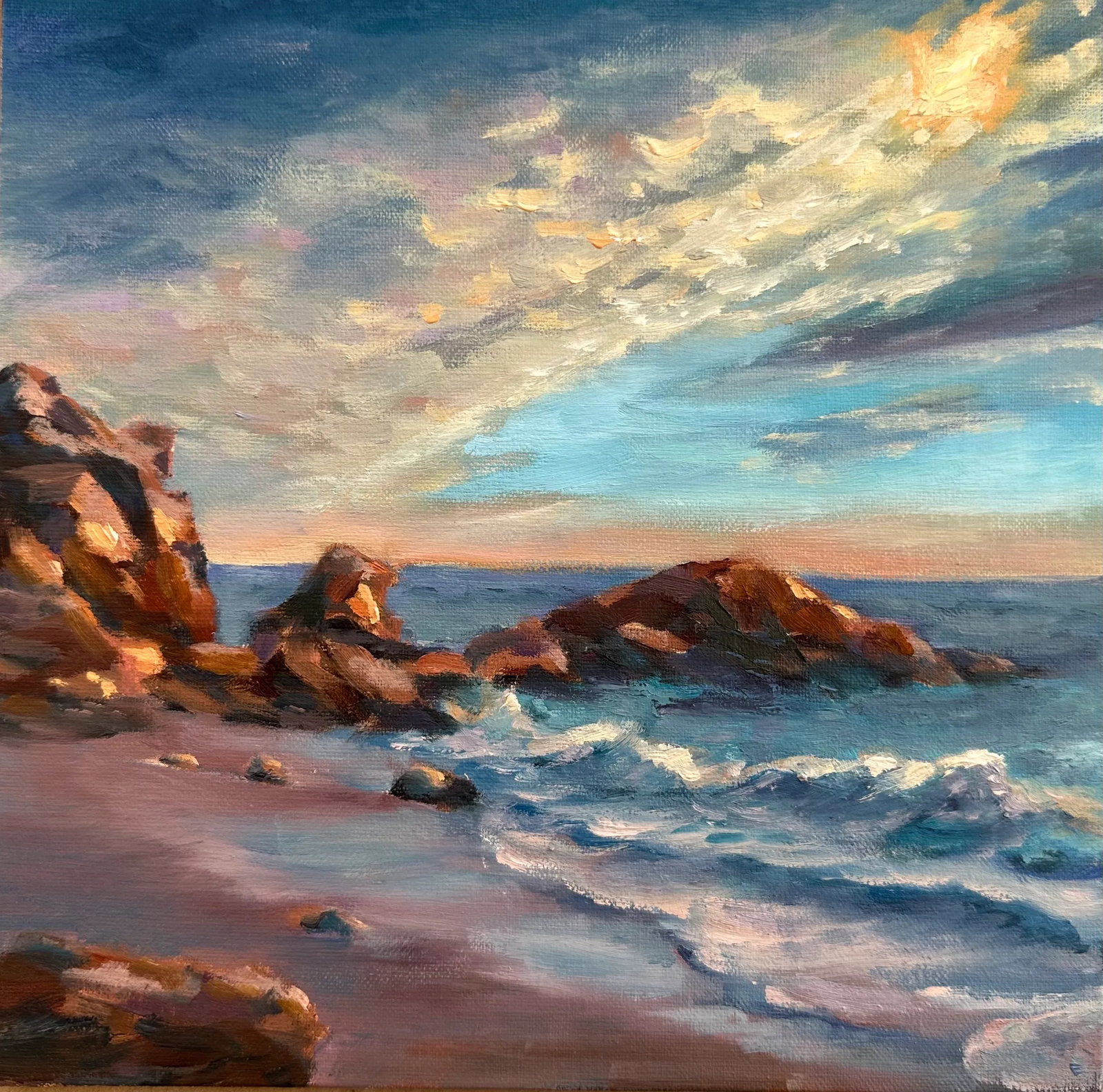 Original Fine Art Oil Paintings - Grace Diehl: This is a painting from Crystal Cove that I tried to reflect the way the suns last rays were filtering through the clouds. Condition: Imperfections: No Imperfections Origin: United States Materials