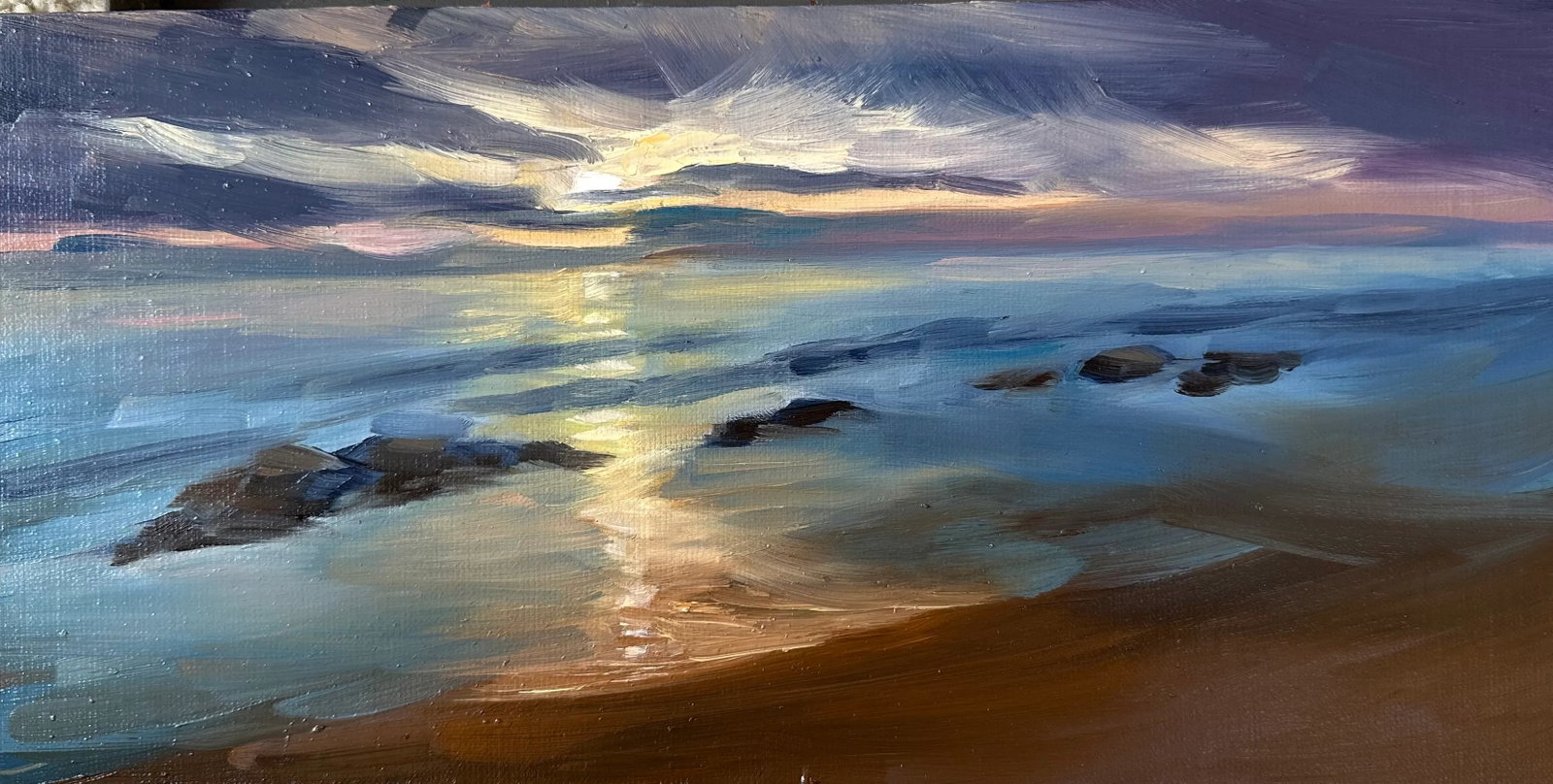 Original Fine Art Oil Paintings - Grace Diehl: This painting highlights the broad stretch of the Crystal Cove Beach during the ending of the day. Condition: Imperfections: No Imperfections Origin: United States Materials & Techniques: Canvas,