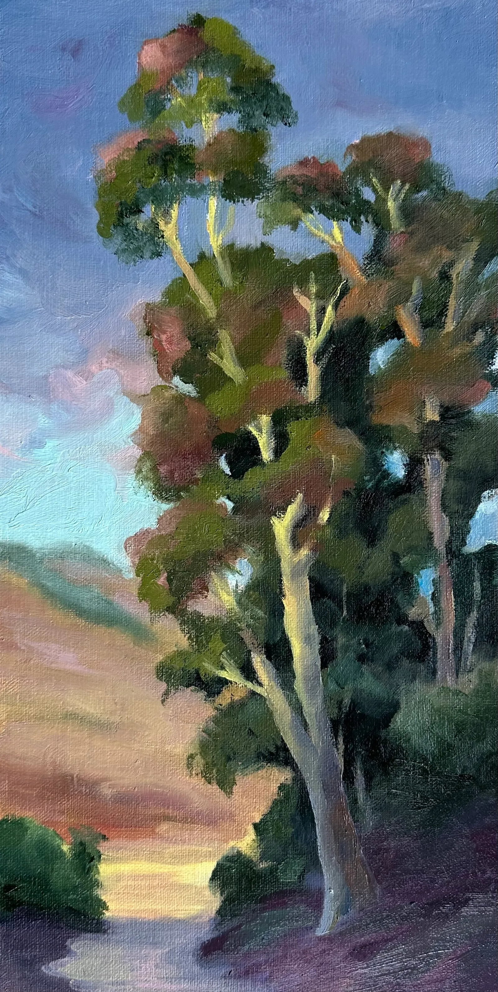 Original Fine Art Oil Paintings - Grace Diehl: Beneath blue skies fading to grey, these towering trees rise above the landscape. I can only hope that tomorrow brings sunshine once more, carrying the promise of dreams fulfilled. A new year will unf
