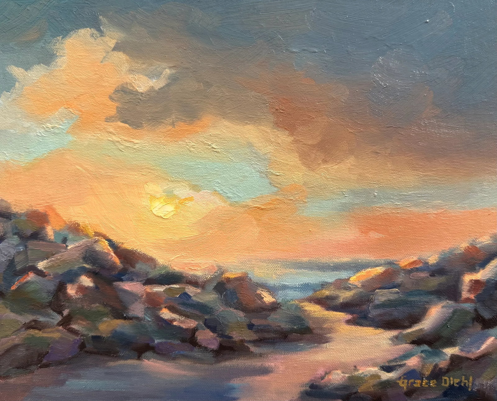 Original Oil Fine Art Painting - Sunset Over the Ocean Seas: The rocky path winds toward the coast, glowing in the light of the sunset. Condition: Imperfections: No Imperfections Origin: United States Materials & Techniques: Linen, Oil Paint