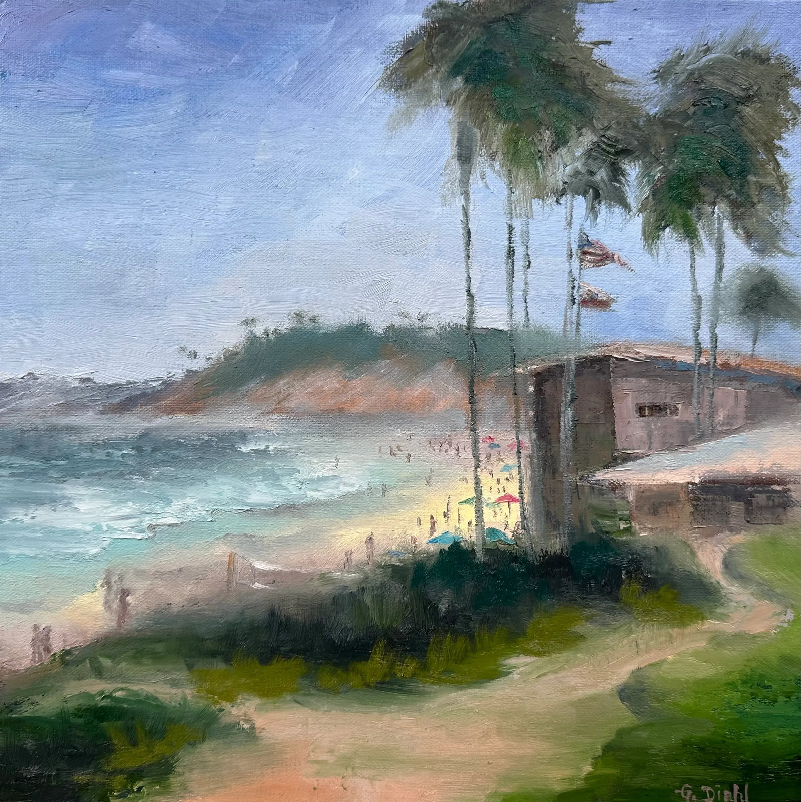 Original Fine Art Oil Paintings by Grace Diehl: This painting portrays a cloudy day at Powerhouse Beach, CA. Condition: Imperfections: No Imperfections Origin: United States Materials & Techniques: Canvas, Linen, Oil Paint Details: What type