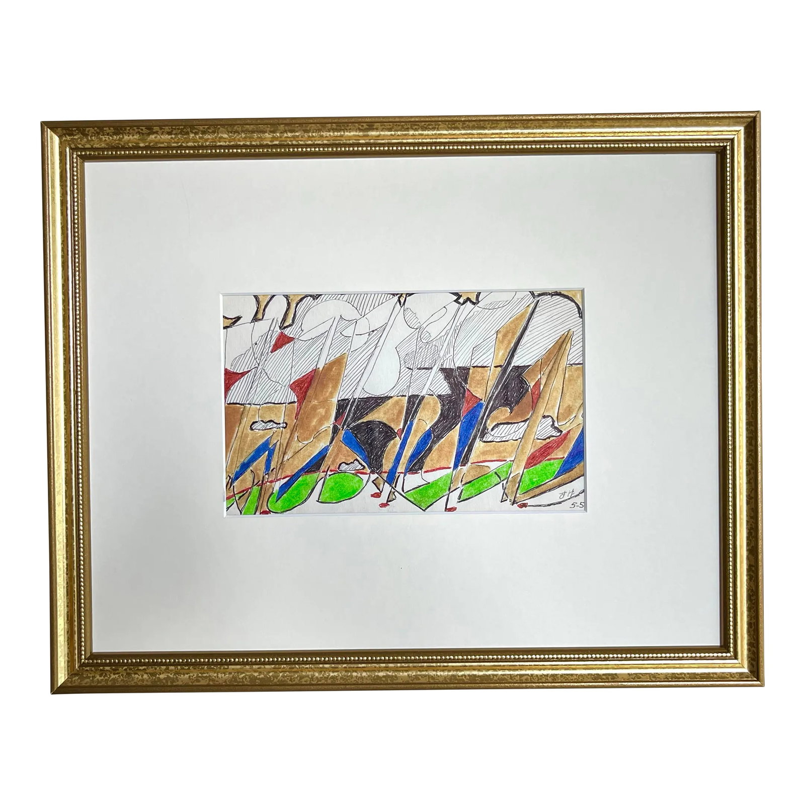 Vintage Modernist Abstract Landscape Drawing by Jewel Vintage Modernist Abstract Drawing by Jewel Ha: Vintage modernist abstract mixed media drawing by Jewel Haley. Color pencil and pen and ink initialed and lower edge. Jewell Haley (1927 - 2009) a Kentucky artist and Thomas Moore College professor. E