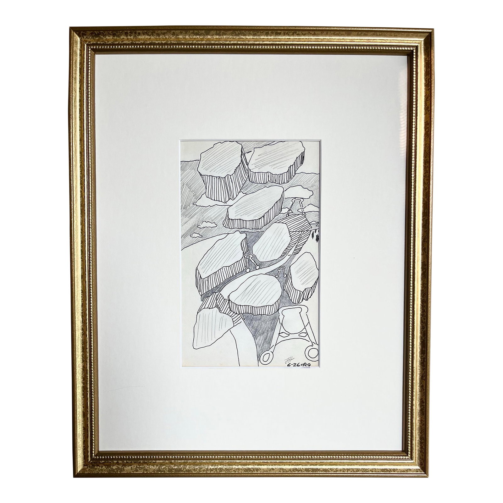 Vintage Modernist Abstract Landscape Drawing by Jewel Vintage Modernist Abstract Drawing by Jewel Ha: Vintage modernist abstract mixed media drawing by Jewel Haley. Color pencil and pen and ink initialed lower edge. Jewell Haley (1927 - 2009) a Kentucky artist and Thomas Moore College professor. Exhib
