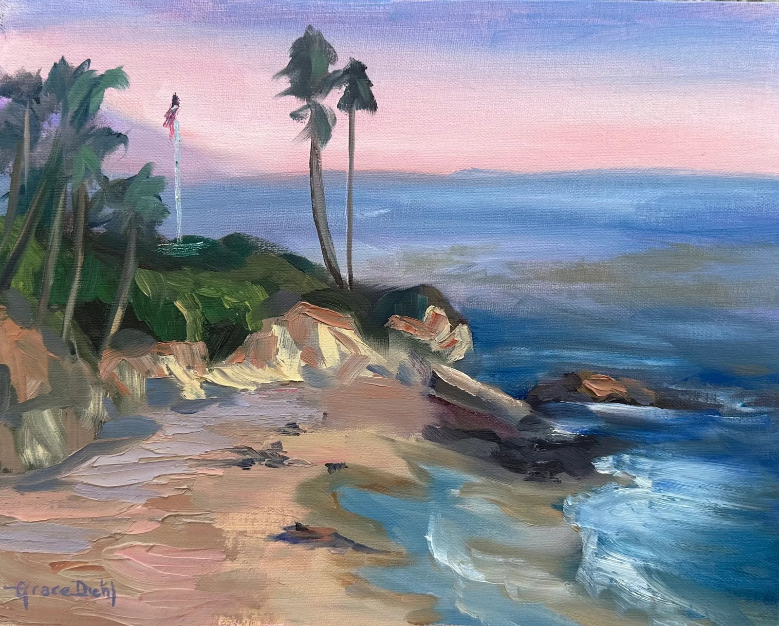 Original Fine Art Oil Paintings - Grace Diehl: This is a plein air painting I painted one evening at Laguna Beach. The sun was lowering and I wanted to show what light was left. Condition: Imperfections: No Imperfections Origin: United States