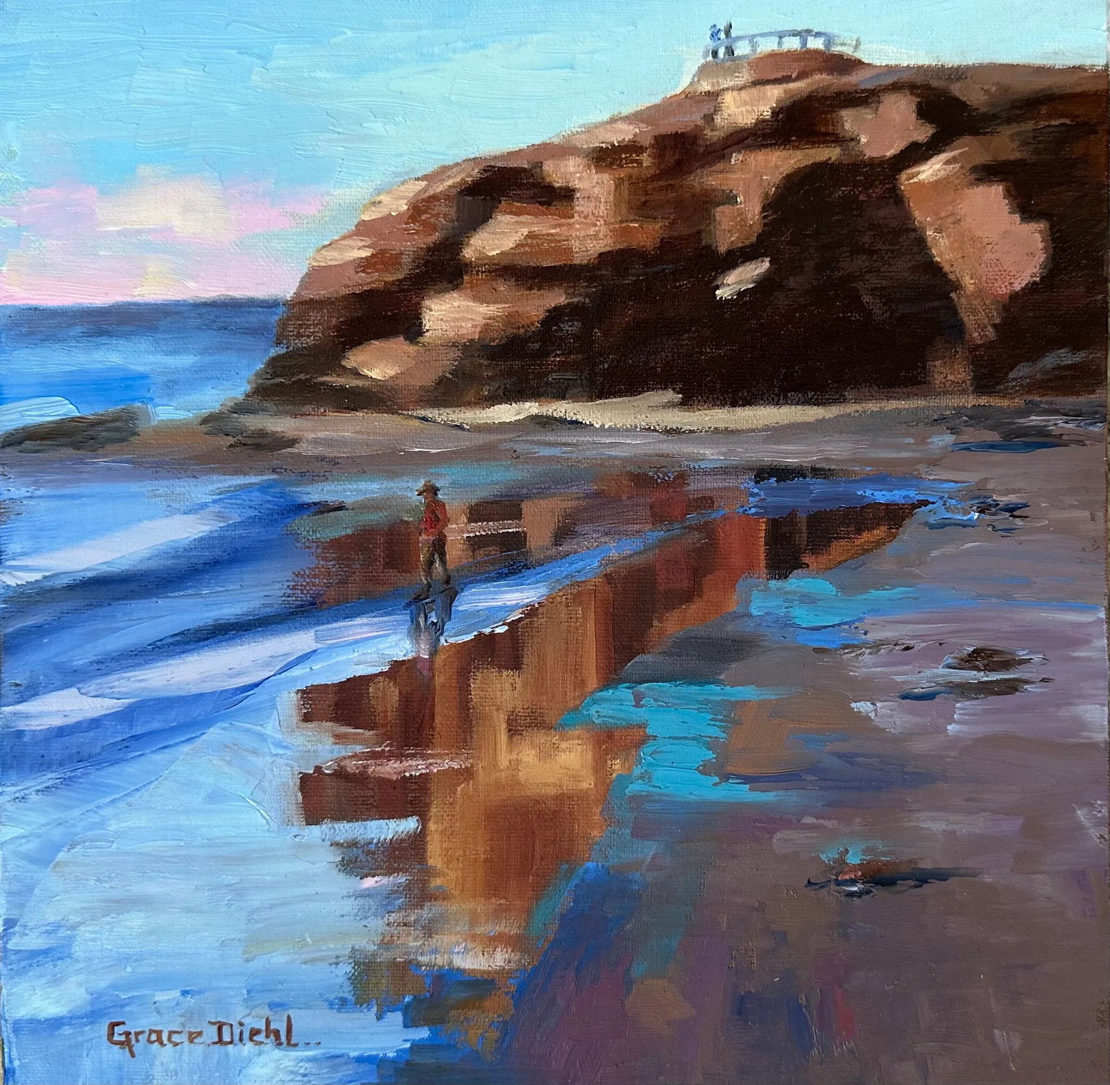 Original Fine Art Oil Paintings - Grace Diehl: In this painting done en plein air at the north end of Crystal Cove, I wanted to represent the shadows reflected from the Cliff onto the sandy, wet sand. Condition: Imperfections: No Imperfections