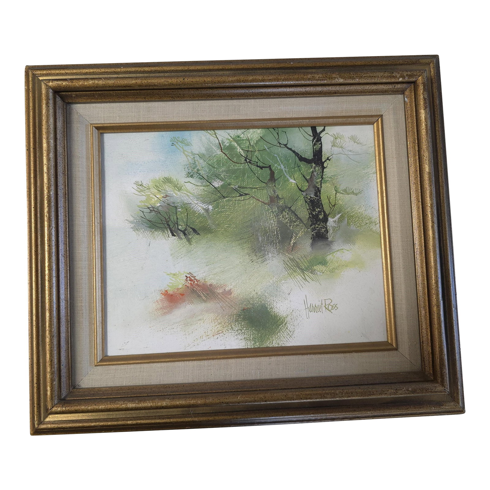 Harriet Ross Nature Oil Painting: Beautiful vintage oil painting by San Francisco based artist Harriet Ross, that painted Northern California scenes and still lifes. Please note that the measurements are of the frame, painting itself 