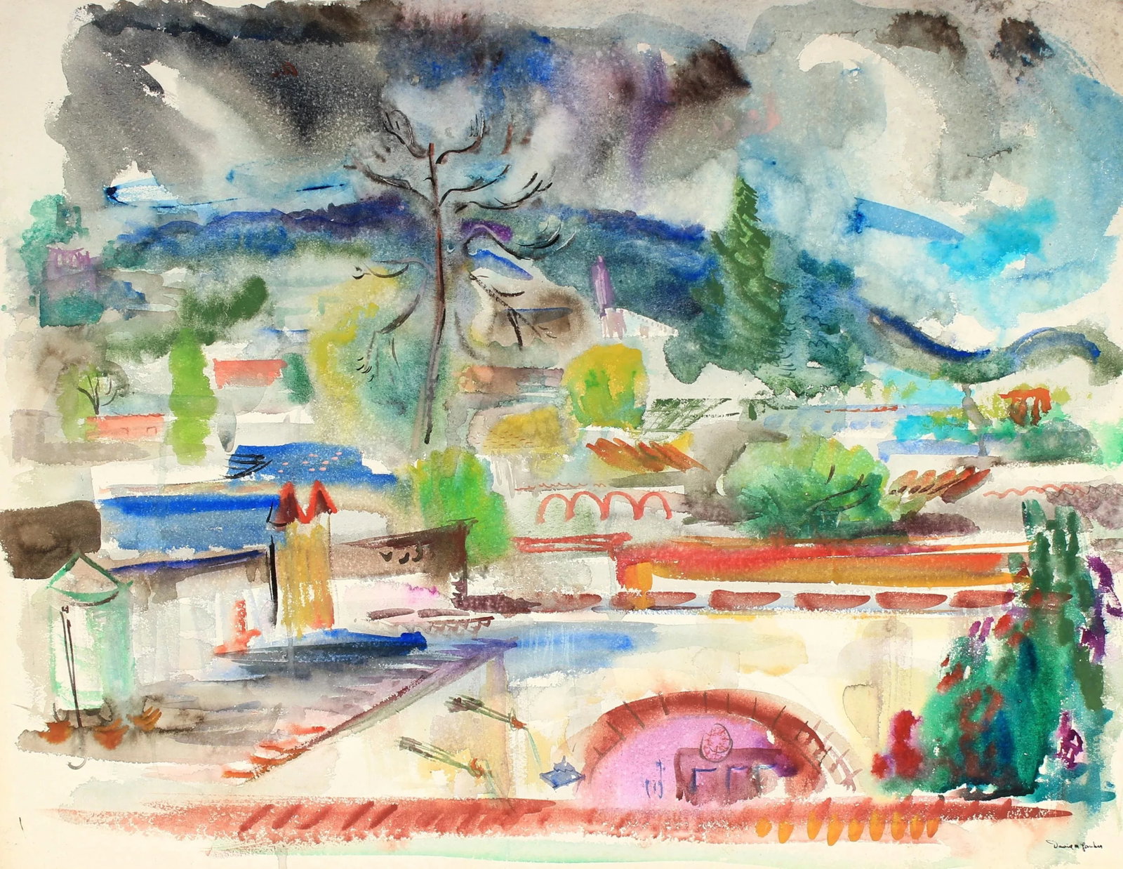 Abstracted City Scene Mid Century Watercolor - 3