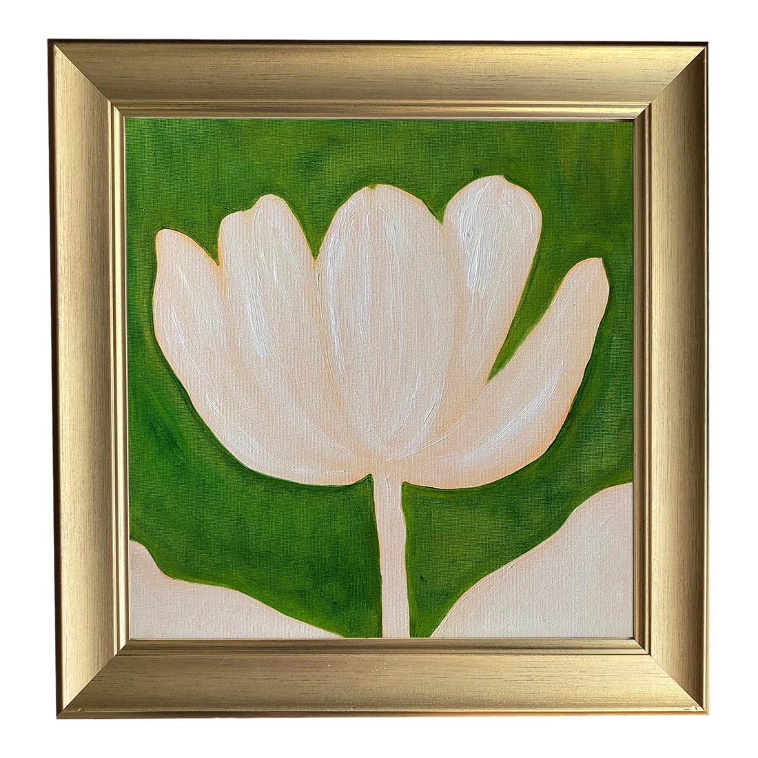 Contemporary Modern Tulip Flower Painting - Handpainted Oil Art - Framed Original Fine Painting: Original contemporary Tulip painting created with green tones. This modern acrylic artwork is painted on board, framed and ready to hang. A unique fine art piece that adds warmth and character to any 