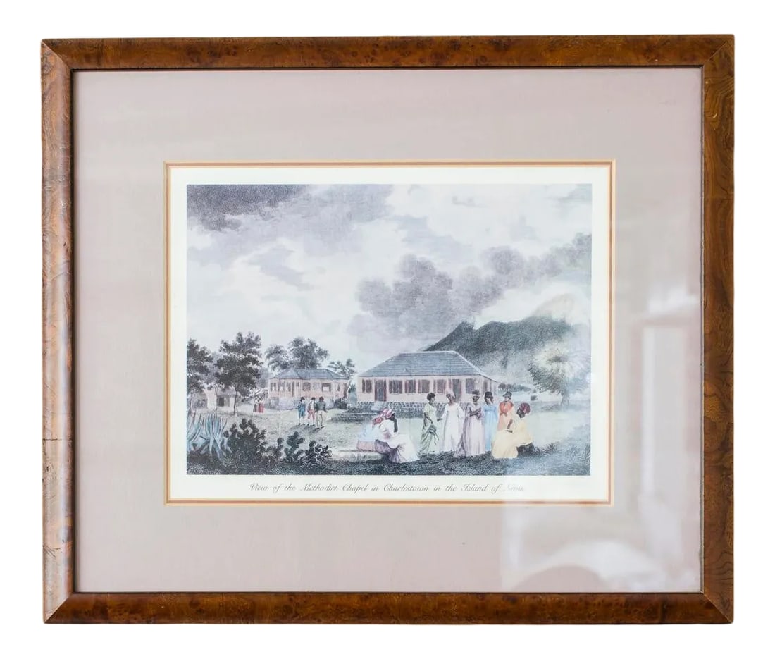 1990s "Methodist Chapel in Charlestown" Architectural Reproduction Print, Framed: View of the Methodist Chapel in Charlestown in the Island of Nevis Condition: Alterations: Original Condition Unaltered Imperfections: Some Imperfections Condition Notes: Like New Materials &