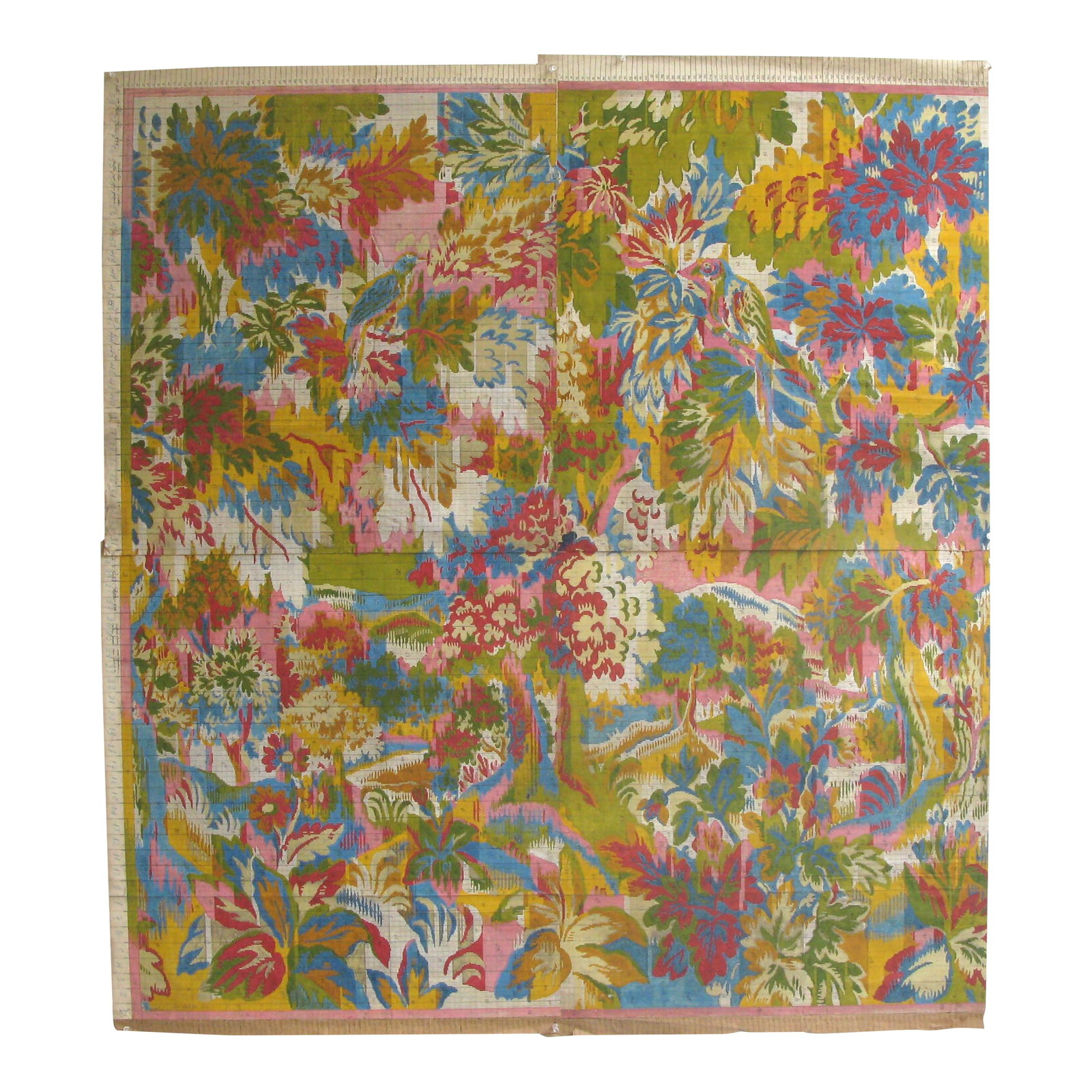 Antique Tapestry Design: c. 1900 French original textile design. Gouache on paper. Each design is a one-of-a-kind, hand-painted work. The designs were painted in gouache on a rag paper that has a fine grid printed on it -