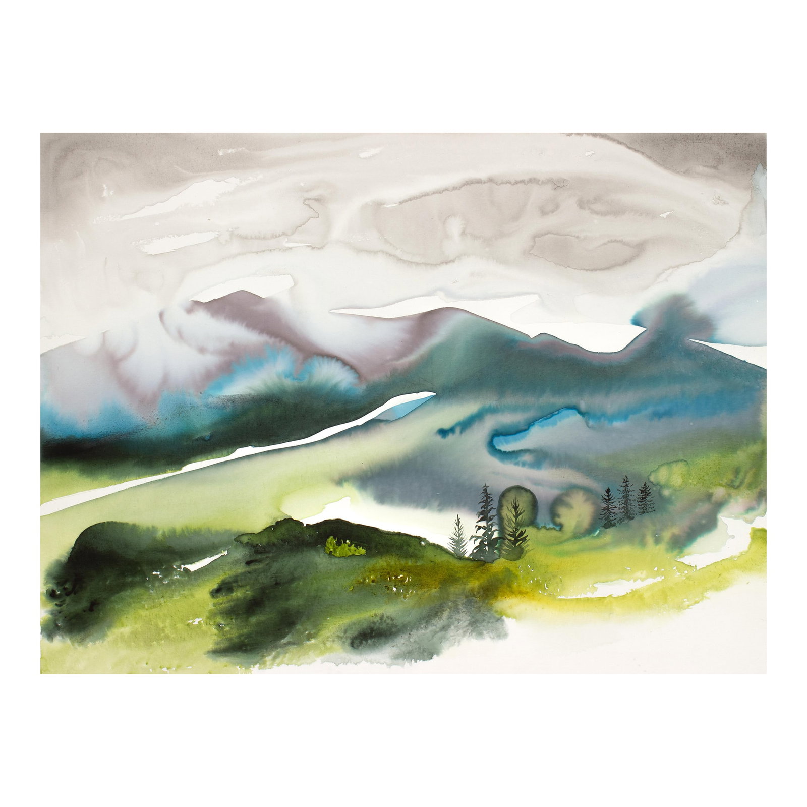 "Mountainscape No. 5" Contemporary Original Abstract Mountain Landscape Watercolor Painting on Canva: Original watercolor painting on canvas. Varnished and ready to hang. Artist: Elizabeth Becker Year: 2025 Image and Canvas Size: 30" high x 40" wide x 1" deep Signed on front Condition: Imperfections: 