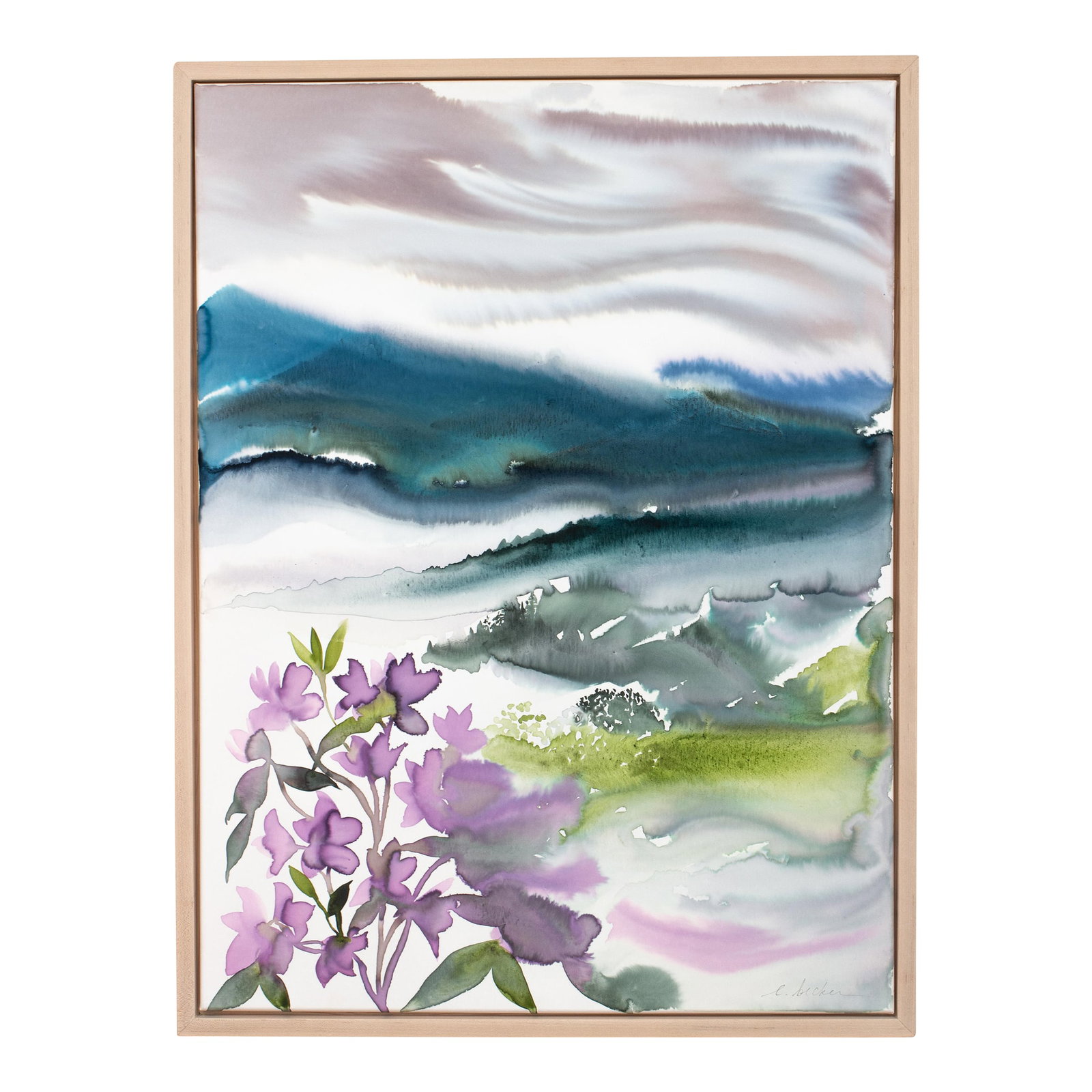 "Mountainscape No. 4" Contemporary Original Abstract Mountain Landscape Watercolor Painting on Canva: Original watercolor painting on canvas. Varnished and ready to hang, with handmade maple solid wood floater frame. Artist: Elizabeth Becker Year: 2025 Image and Canvas Size: 40" high x 30" wide x 1"