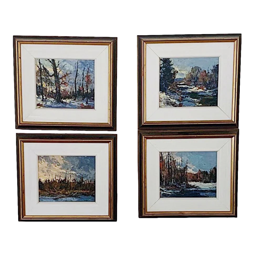 Mid 20th Century Winter Landscape Oil Paintings by W.E. Griffiths, Framed - Set of 4: Collection set of four W.E. Griffiths listed artist landscapes oil on canvas original frames Original frames, signed and titled on back Listed work includes 1512 A North Country Lake 1514 Gull River