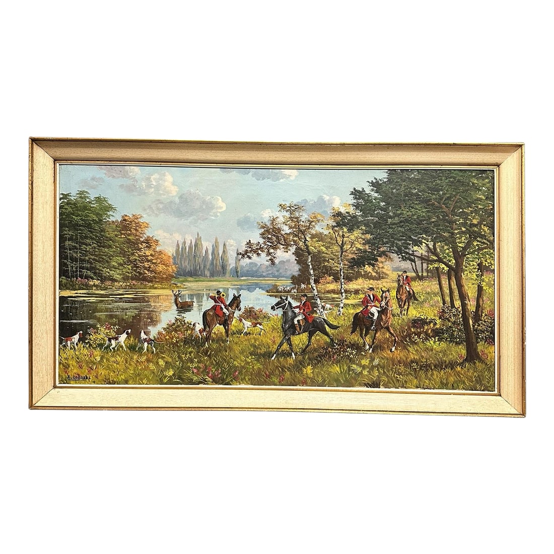 1950s Traditional French Hunting Scene Large Original Oil Painting on Board, Sporting Art by A. Laba: This striking large-scale original French sporting oil painting depicts a traditional hunting scene set in the Loire Valley, beautifully capturing the movement, landscape, and classic elegance