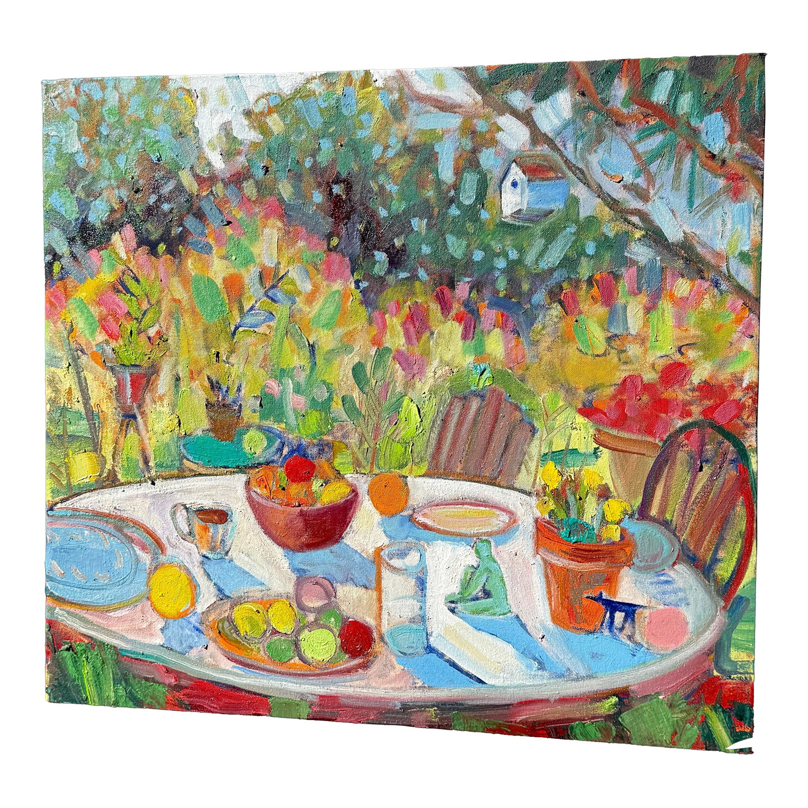 Expressionist Table in Garden Original Oil Painting Hartman: This garden still life has a rich built up surface. At 23"x25" this little painting will brighten up any spot! Condition: Imperfections: No Imperfections Origin: United States Materials & Techniqu