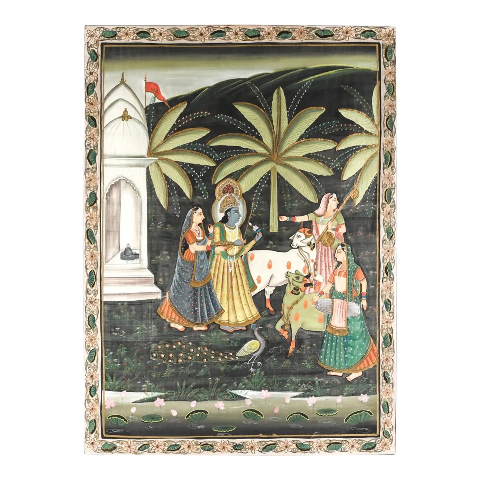 Mid-20th Century Indian Hand-Painted Silk Tapestry: Vibrant hand-painted silk tapestry depicting a pastoral and devotional scene with figures, cows, and lush tropical foliage. Finely detailed with delicate linework and soft gradients of green, gold,