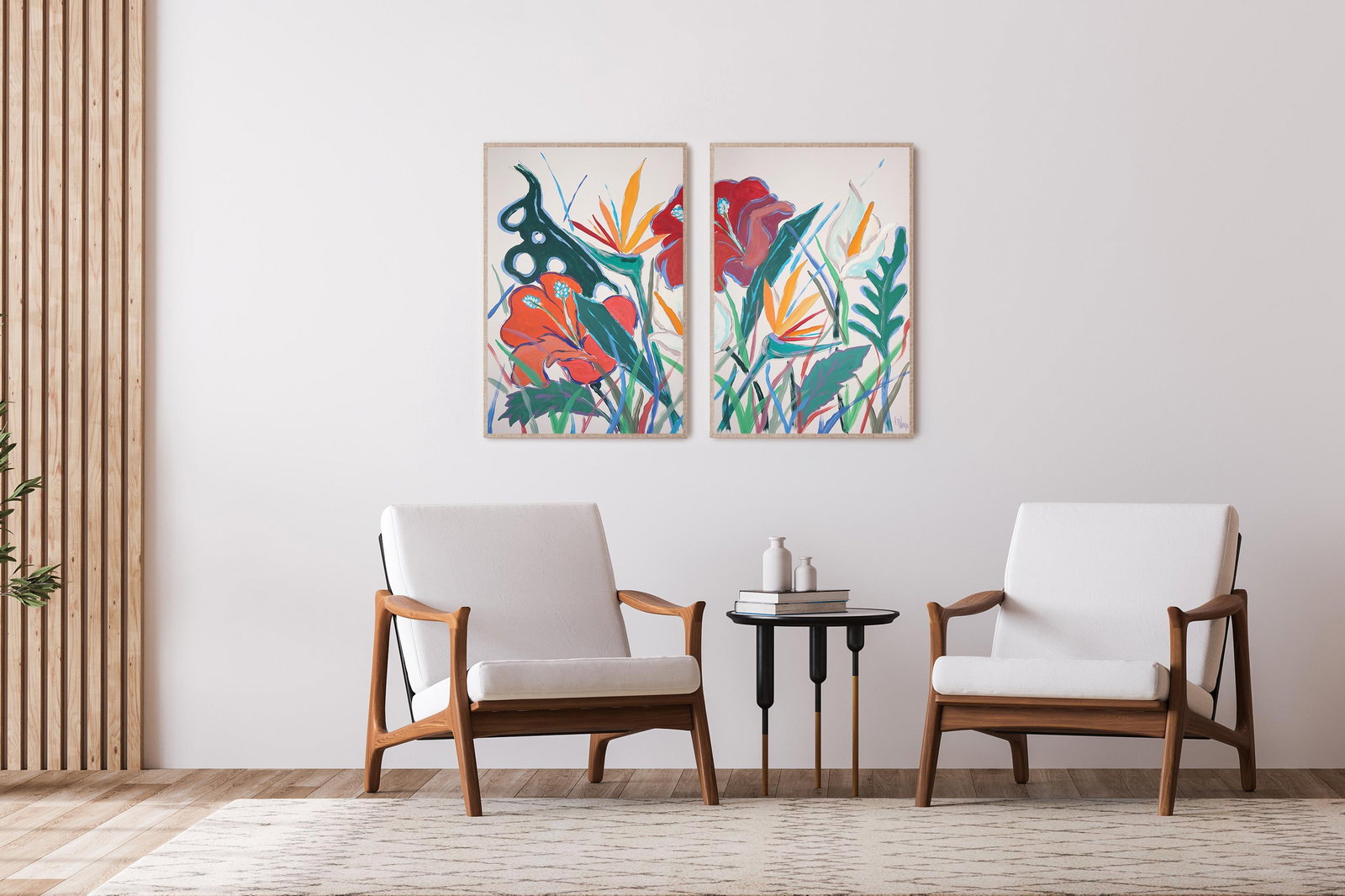 2025, Lush Botanical, Illustration Style Diptych of Tropical Abundance, Acrylic Painting on Watercol - 2