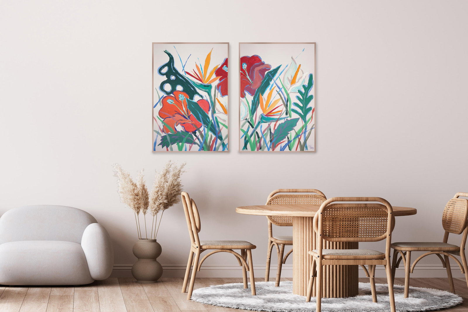 2025, Lush Botanical, Illustration Style Diptych of Tropical Abundance, Acrylic Painting on Watercol - 5