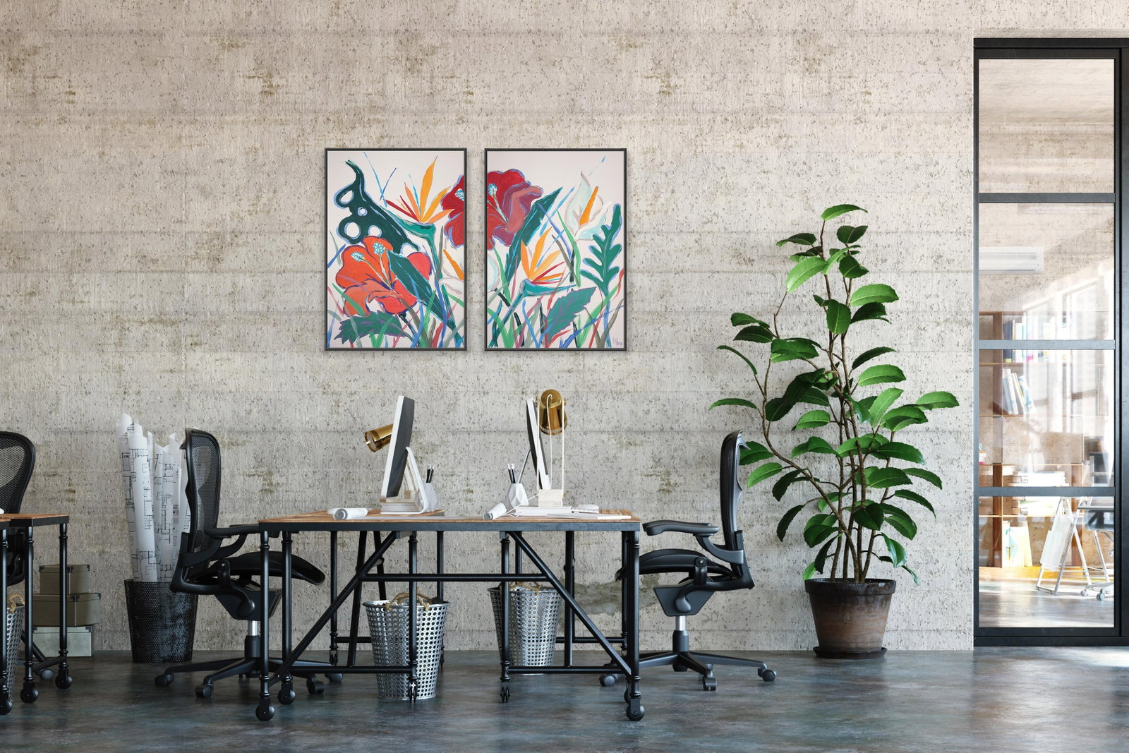 2025, Lush Botanical, Illustration Style Diptych of Tropical Abundance, Acrylic Painting on Watercol - 7