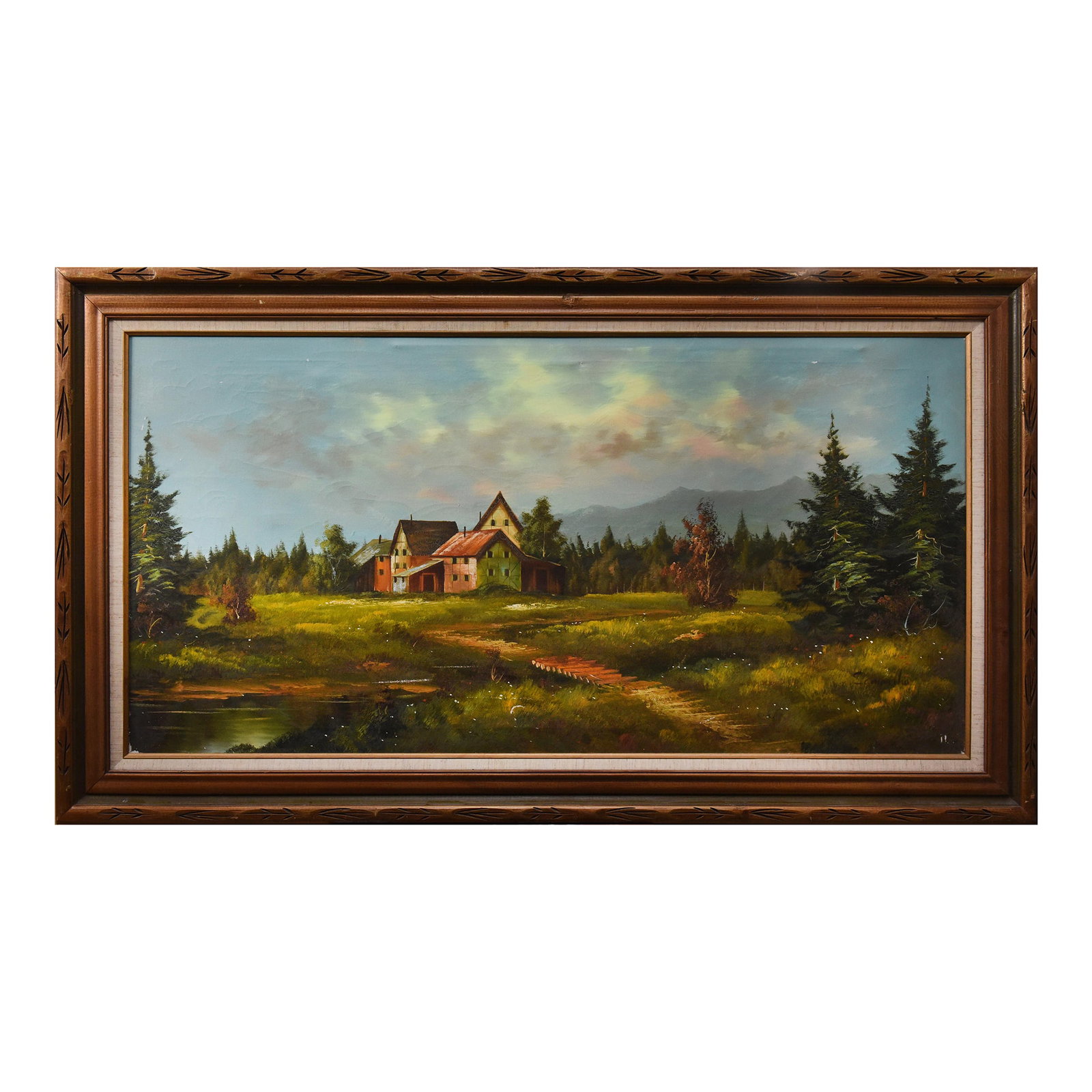 Rustic Haven ,Oil on Canvas: This captivating oil on canvas, measuring 55 x 31", transports the viewer to a secluded homestead nestled in a vibrant valley. The scene unfolds with a gentle stream meandering through a tapestry of e