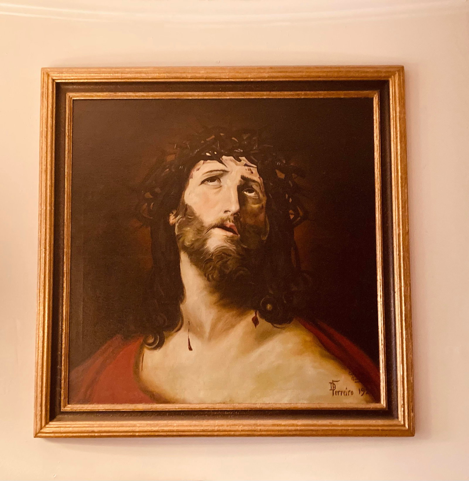 Antique Oil Portrait of Jesus Christ With Crown of Thorns Shoulder Draped With Scarlet Robe Painted - 2