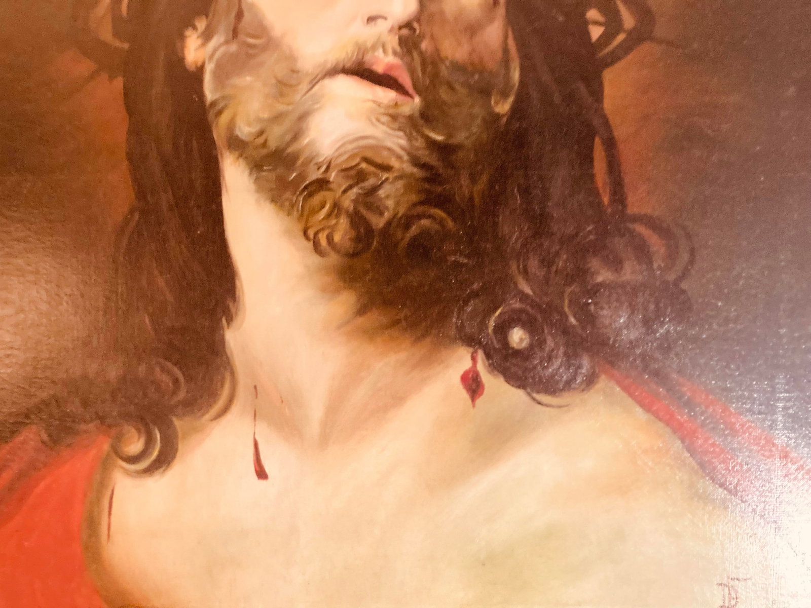 Antique Oil Portrait of Jesus Christ With Crown of Thorns Shoulder Draped With Scarlet Robe Painted - 7