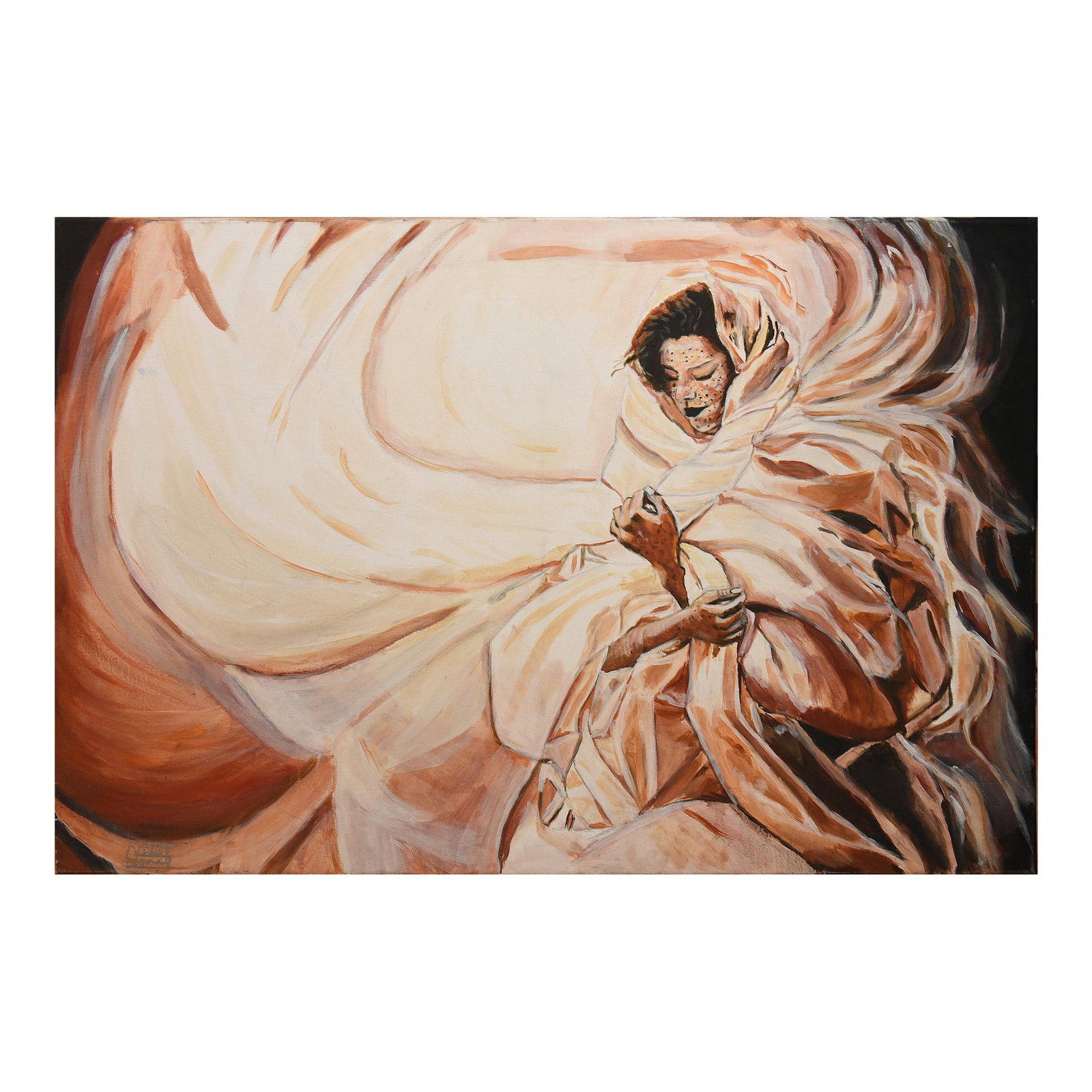 1990s Shrouded in Light, by Artist Esmail Khalalfa: This expressive acrylic painting by Esmail Khalalfa evokes a sense of mystery and transformation. A female figure, partially obscured by swirling drapery, emerges from a luminous background, her face